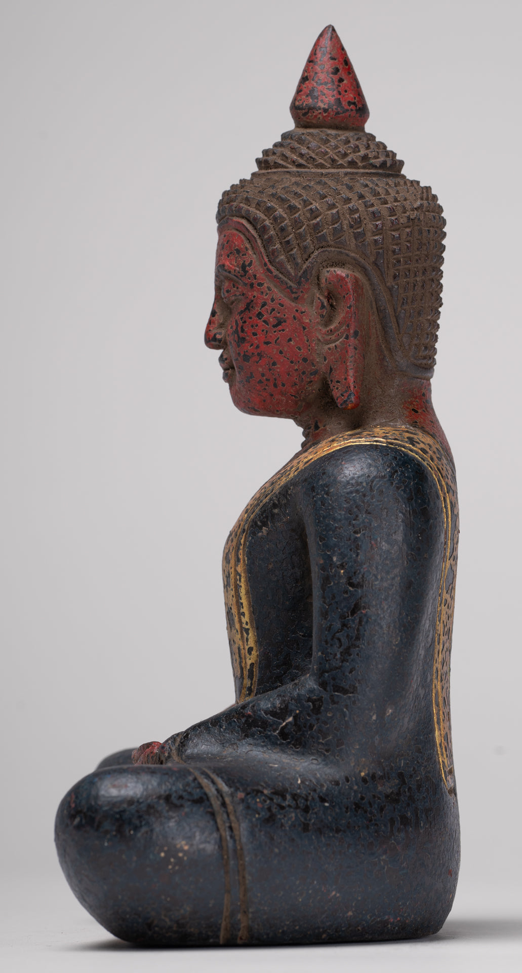 Buddha Sculpture - Antique Khmer Style Wood Seated Buddha Statue Dhyana Meditation Mudra - 21cm/8"