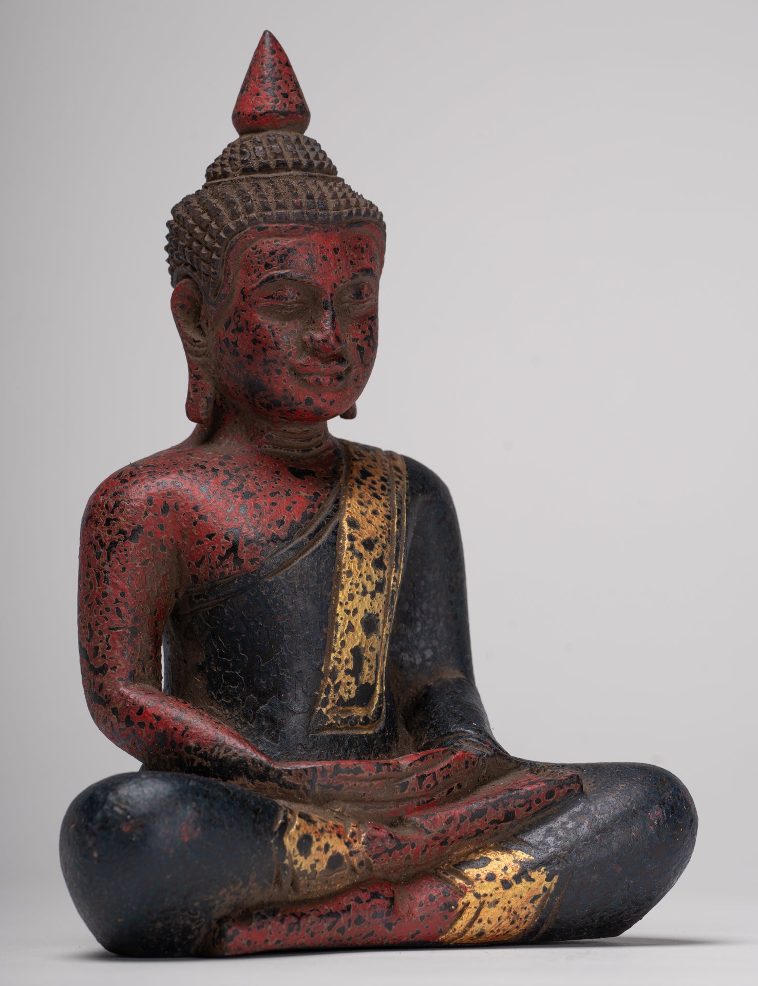 Buddha Sculpture - Antique Khmer Style Wood Seated Buddha Statue Dhyana Meditation Mudra - 21cm/8"