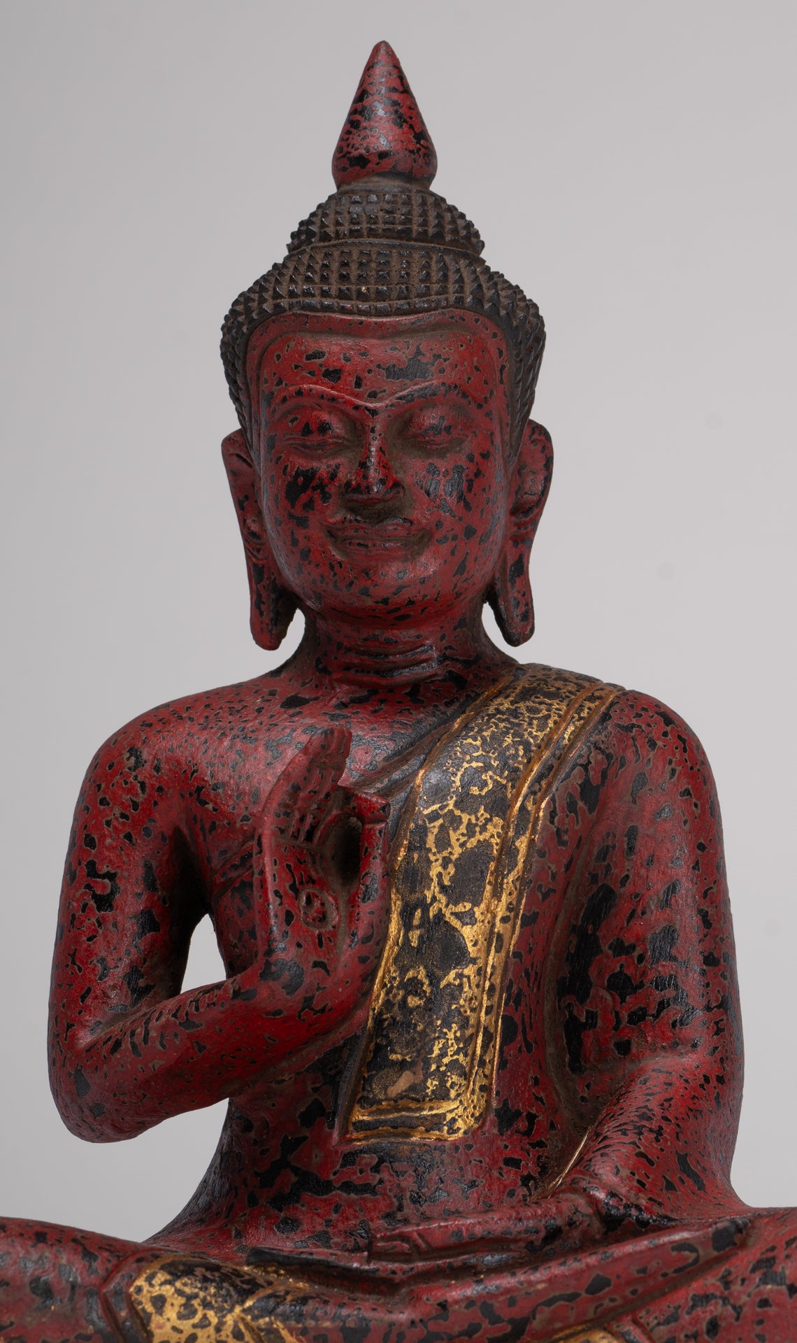 Buddha Statue - Antique Khmer Style Cambodia Seated Wood Buddha Statue Teaching Mudra - 27cm/11"