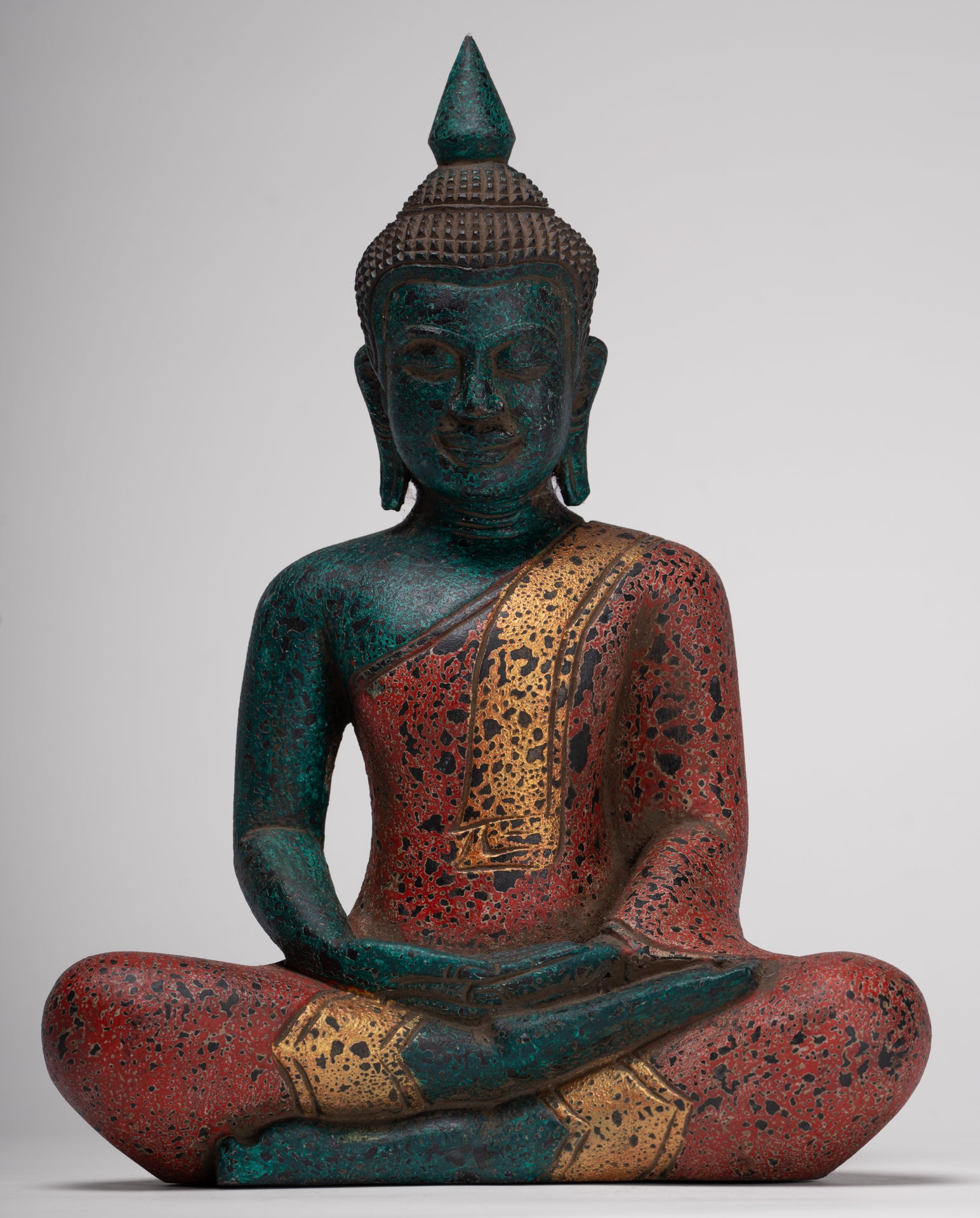 Buddha Sculpture - Antique Khmer Style Wood Seated Buddha Statue Dhyana Meditation Mudra - 33cm/13"