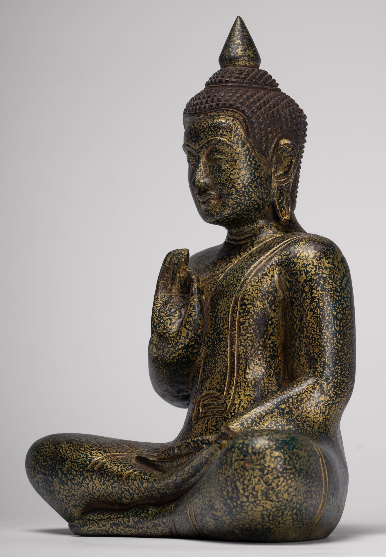 Buddha Statue - Antique Khmer Style Cambodia Seated Wood Buddha Statue Teaching Mudra - 32cm/13"