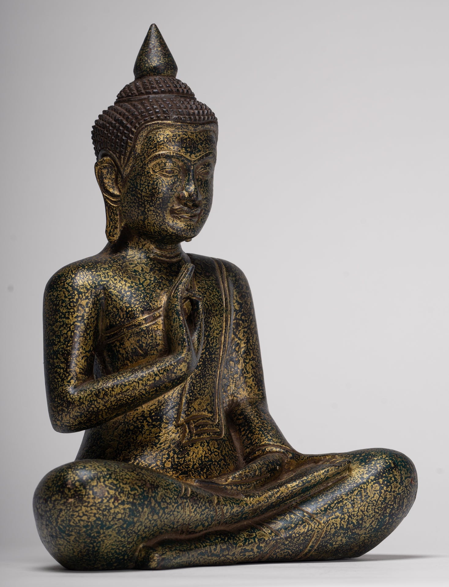 Buddha Statue - Antique Khmer Style Cambodia Seated Wood Buddha Statue Teaching Mudra - 32cm/13"