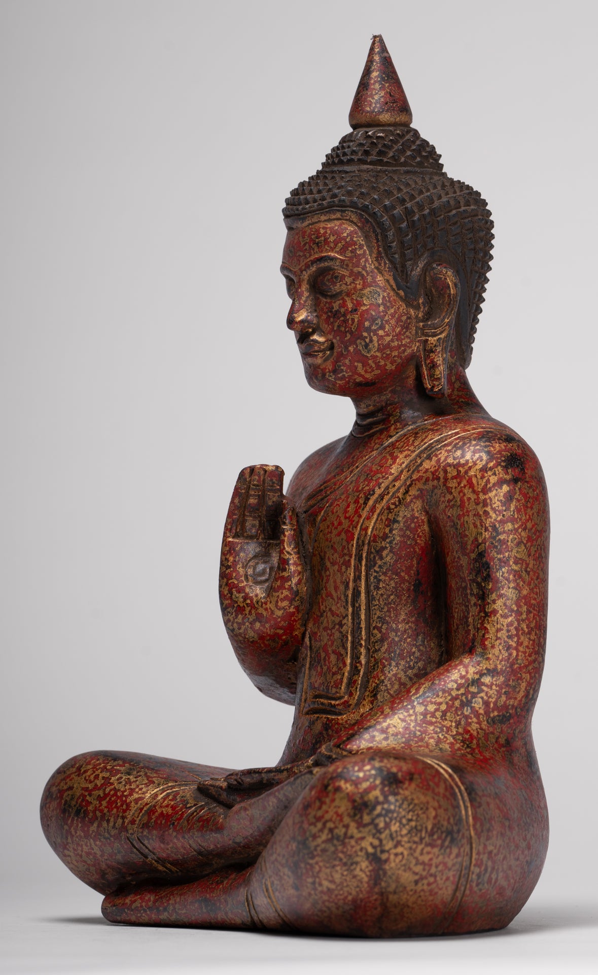 Buddha Statue - Antique Khmer Style Cambodia Seated Wood Buddha Statue Teaching Mudra - 27cm/11"