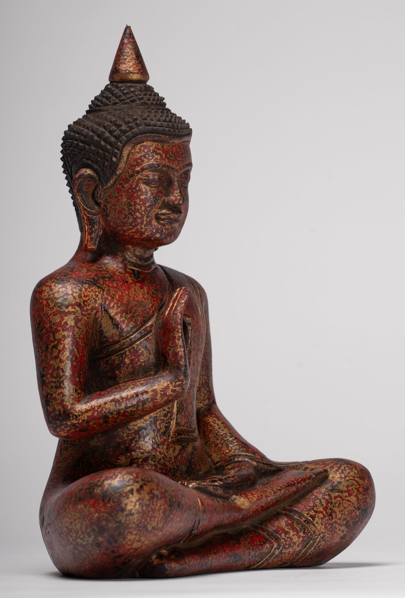 Buddha Statue - Antique Khmer Style Cambodia Seated Wood Buddha Statue Teaching Mudra - 27cm/11"