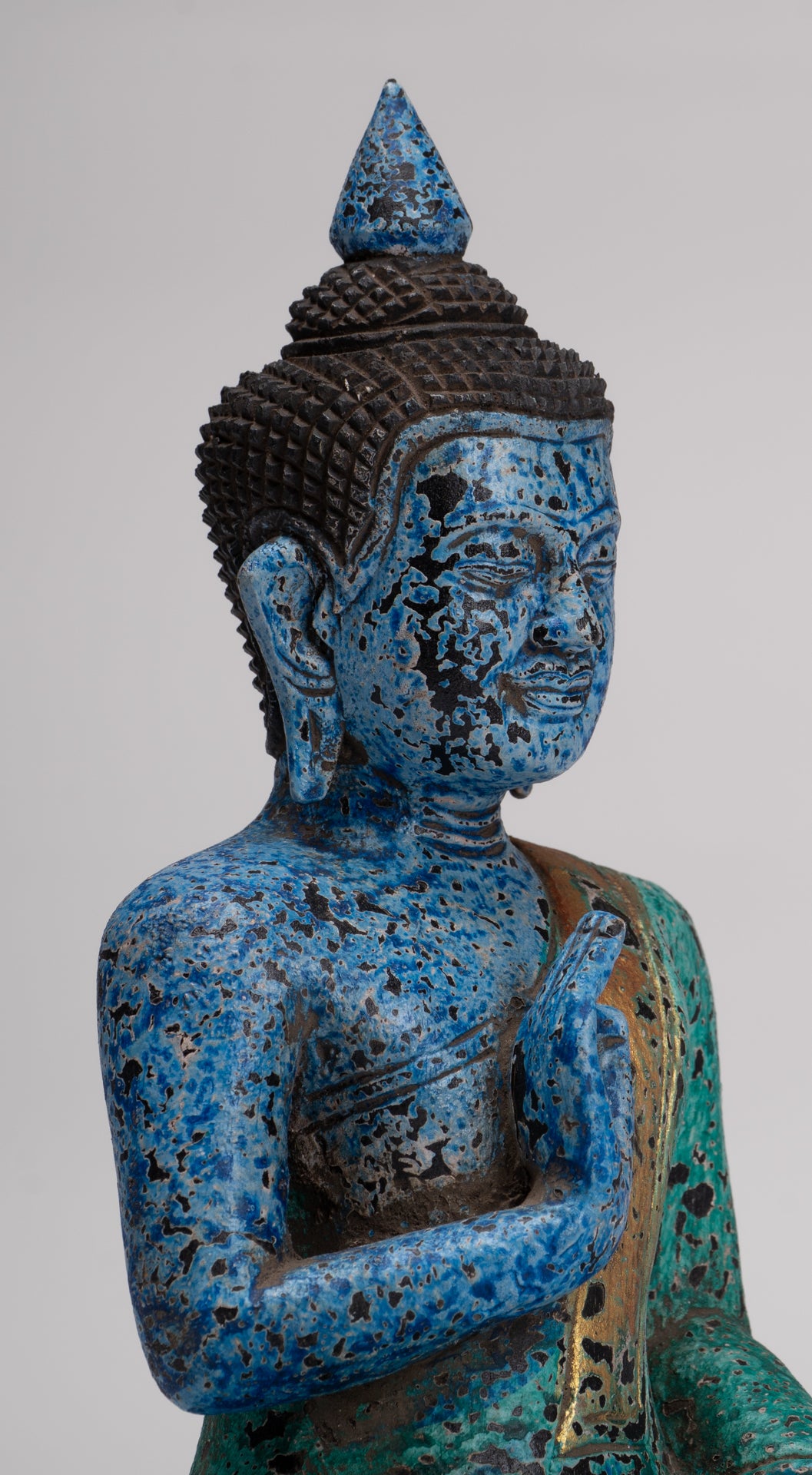 Buddha Statue - Antique Khmer Style Cambodia Seated Wood Buddha Statue Teaching Mudra - 27cm/11"