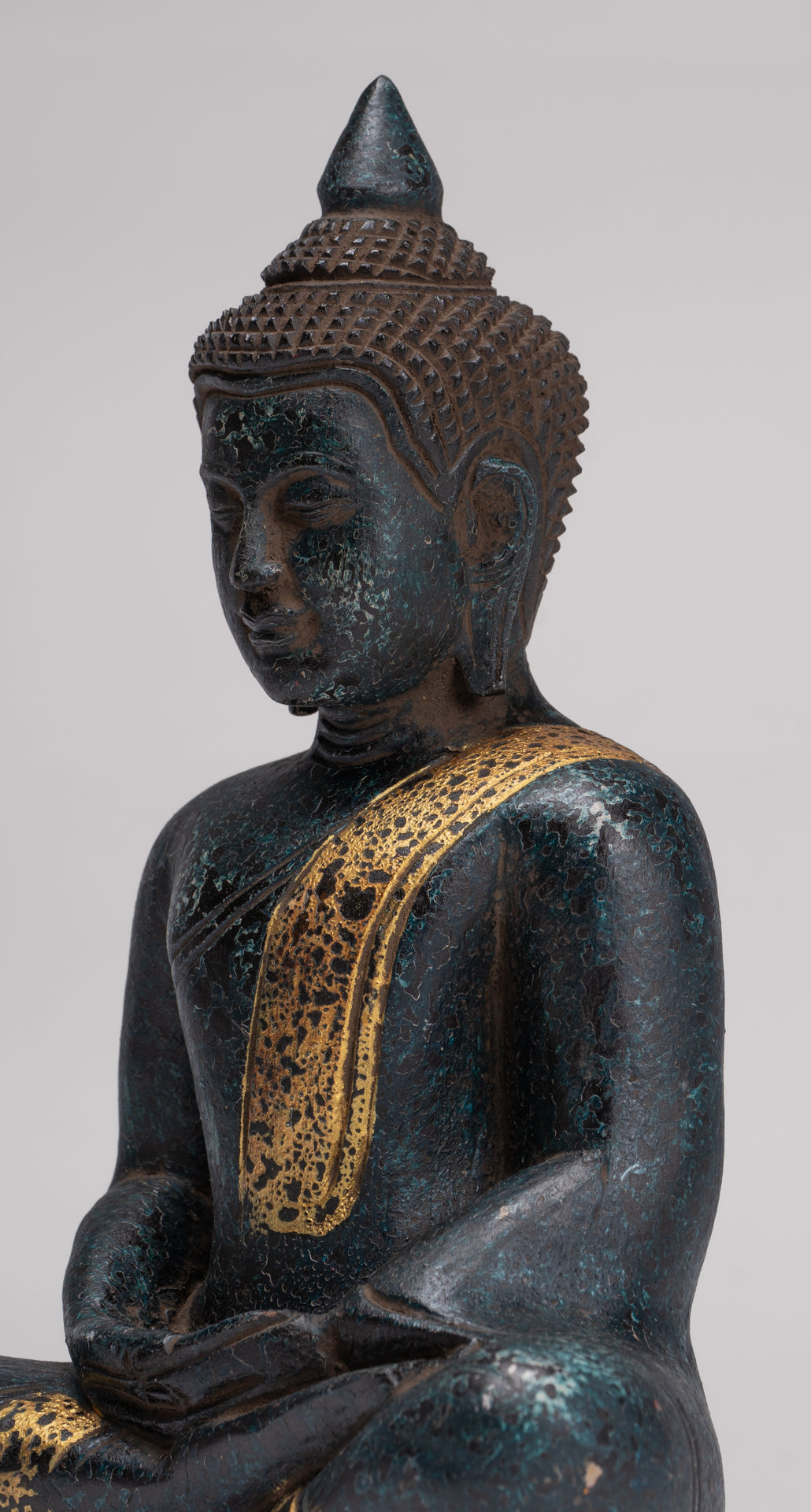 Buddha Sculpture - Antique Khmer Style Wood Seated Buddha Statue Dhyana Meditation Mudra - 27cm/11"