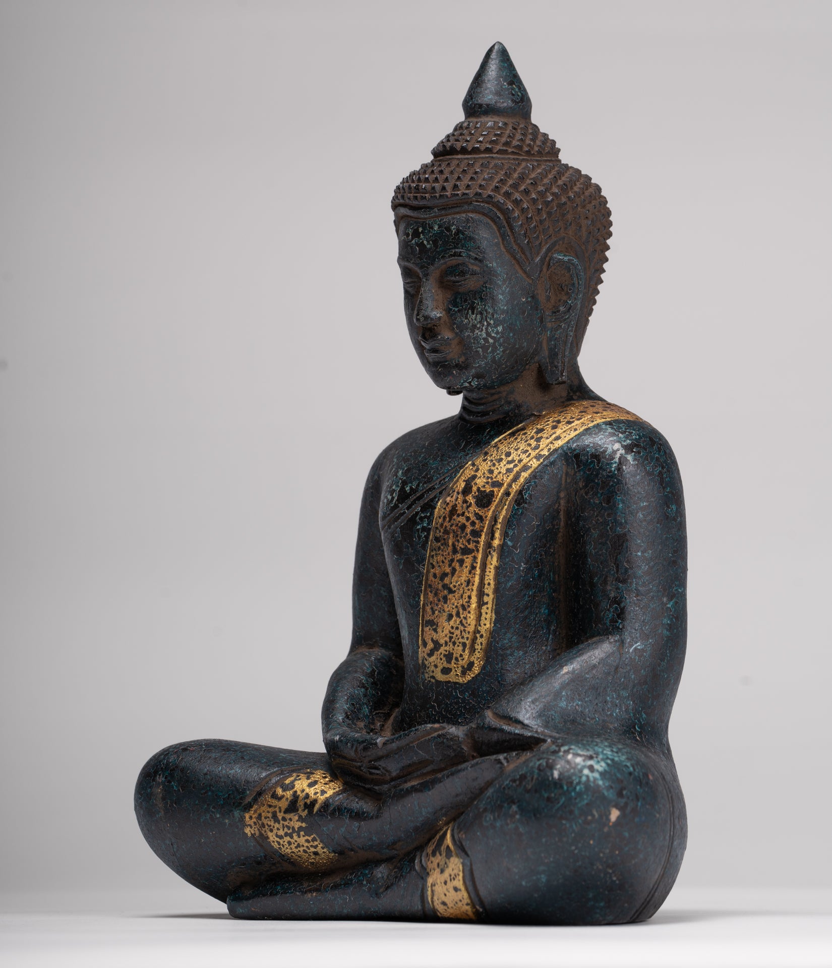 Buddha Sculpture - Antique Khmer Style Wood Seated Buddha Statue Dhyana Meditation Mudra - 27cm/11"