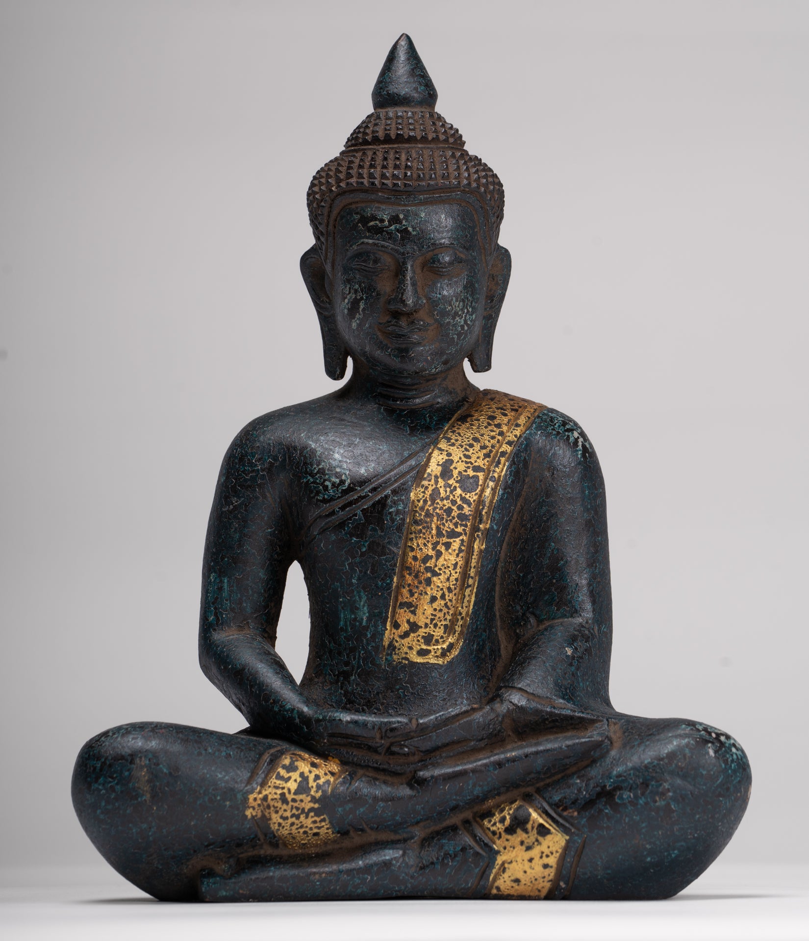 Buddha Sculpture - Antique Khmer Style Wood Seated Buddha Statue Dhyana Meditation Mudra - 27cm/11"