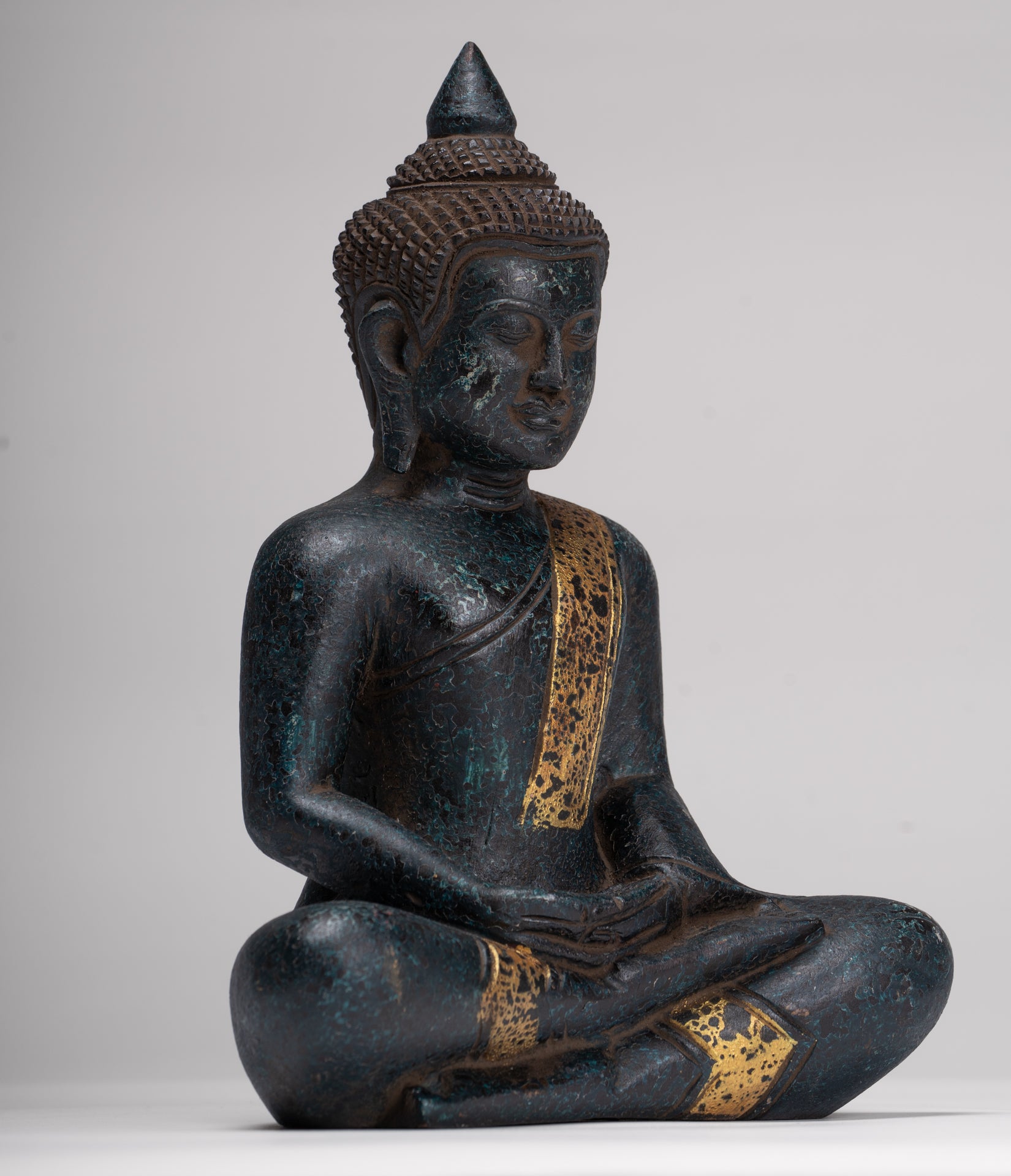 Buddha Sculpture - Antique Khmer Style Wood Seated Buddha Statue Dhyana Meditation Mudra - 27cm/11"