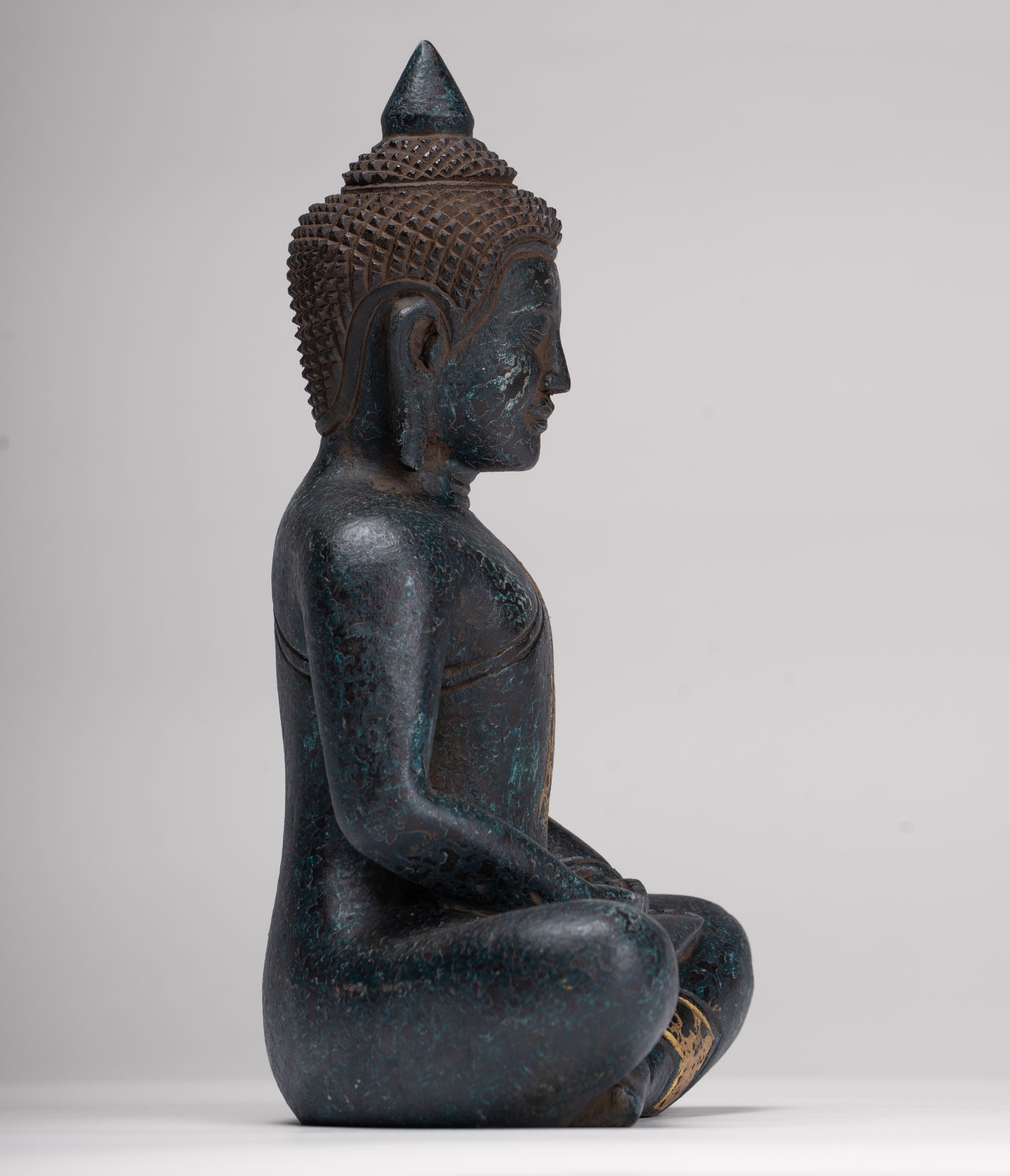 Buddha Sculpture - Antique Khmer Style Wood Seated Buddha Statue Dhyana Meditation Mudra - 27cm/11"