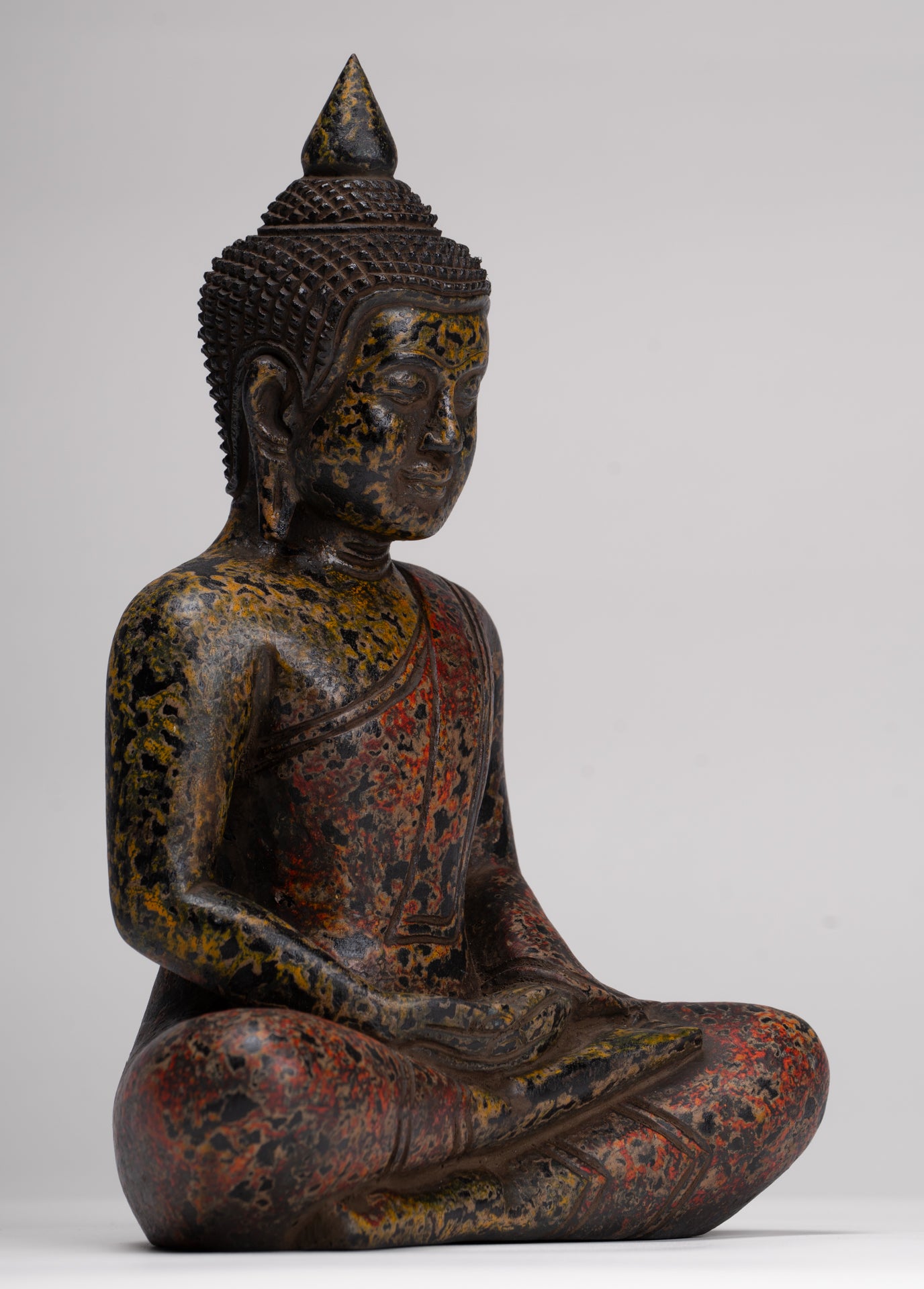 Buddha Sculpture - Antique Khmer Style Wood Seated Buddha Statue Dhyana Meditation Mudra - 26cm/10"