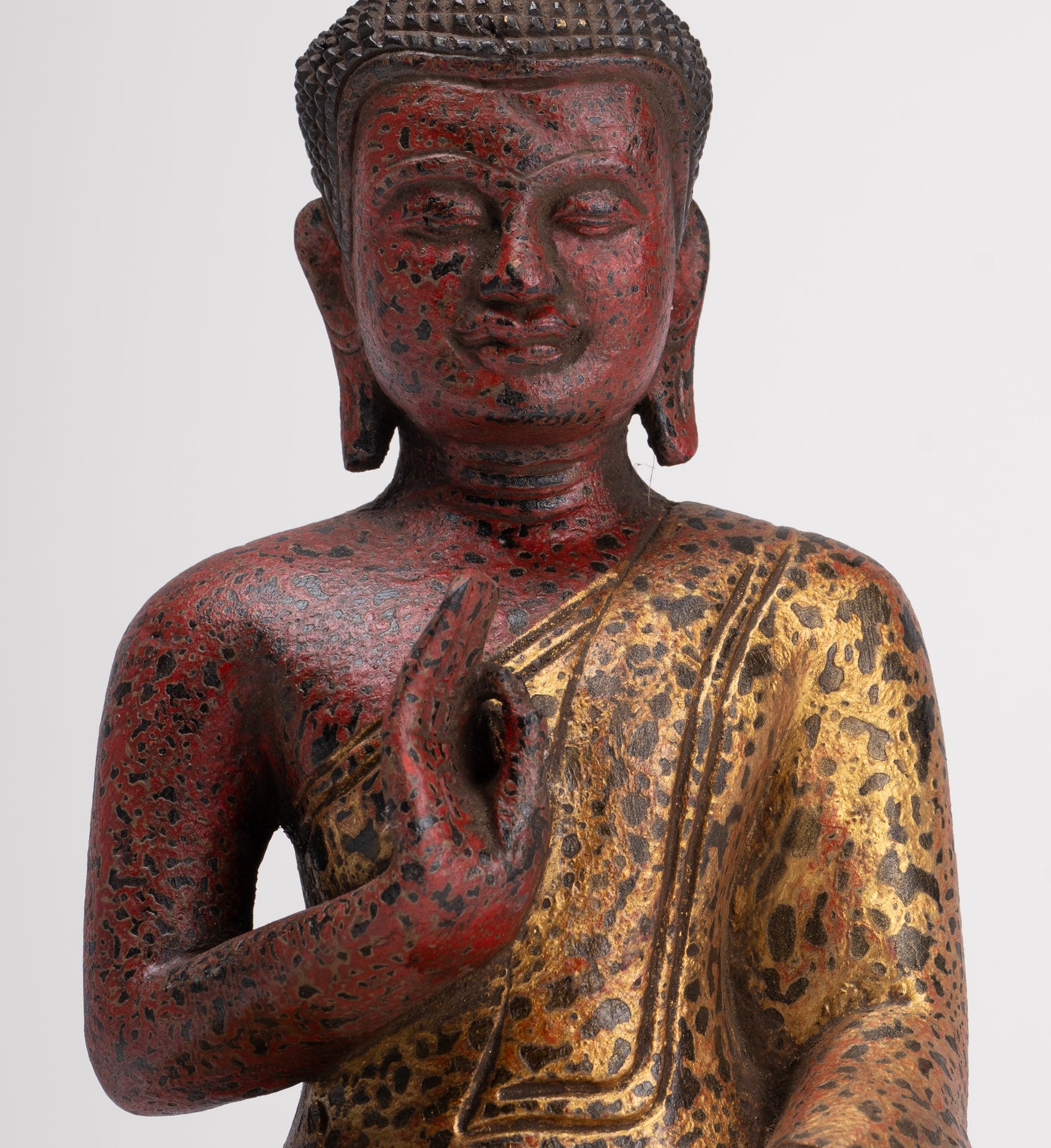 Buddha Statue - Antique Khmer Style Cambodia Seated Wood Buddha Statue Teaching Mudra - 26cm/10"