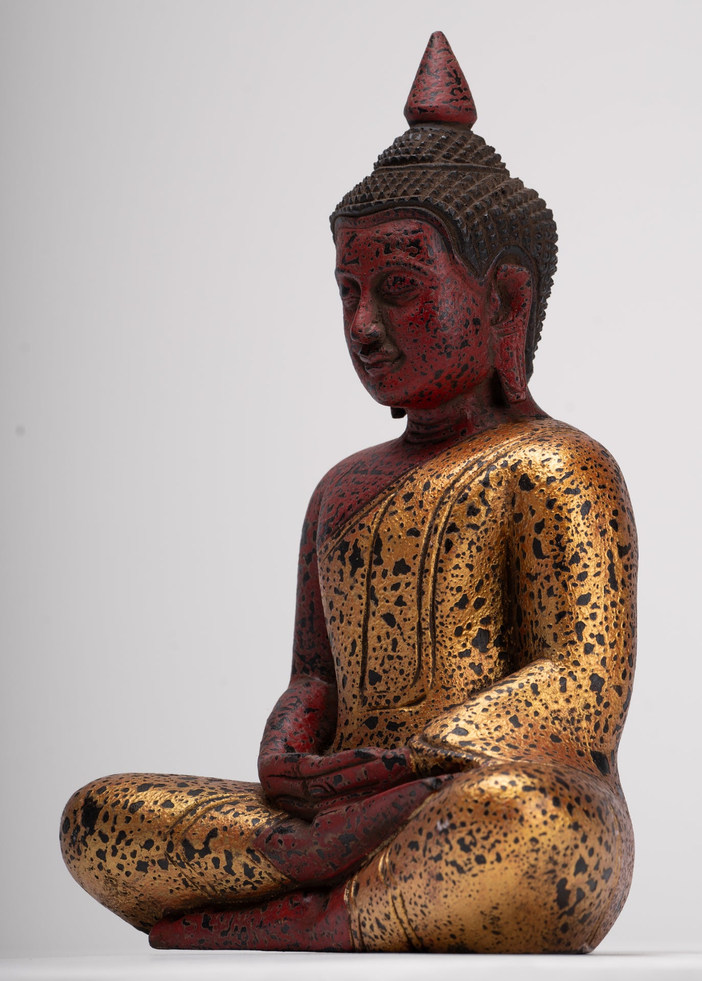 Buddha Sculpture - Antique Khmer Style Wood Seated Buddha Statue Dhyana Meditation Mudra - 27cm/11"