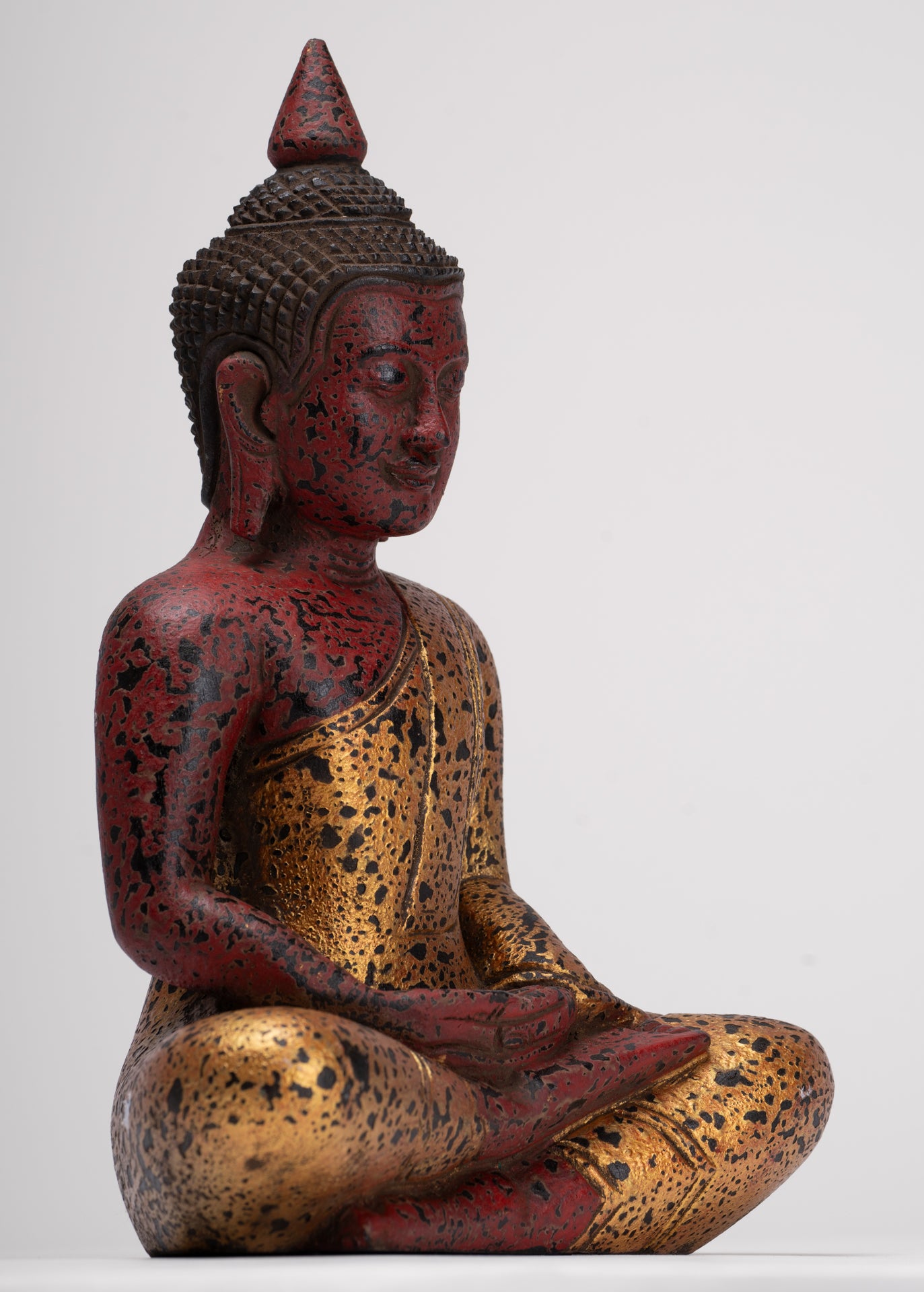 Buddha Sculpture - Antique Khmer Style Wood Seated Buddha Statue Dhyana Meditation Mudra - 27cm/11"