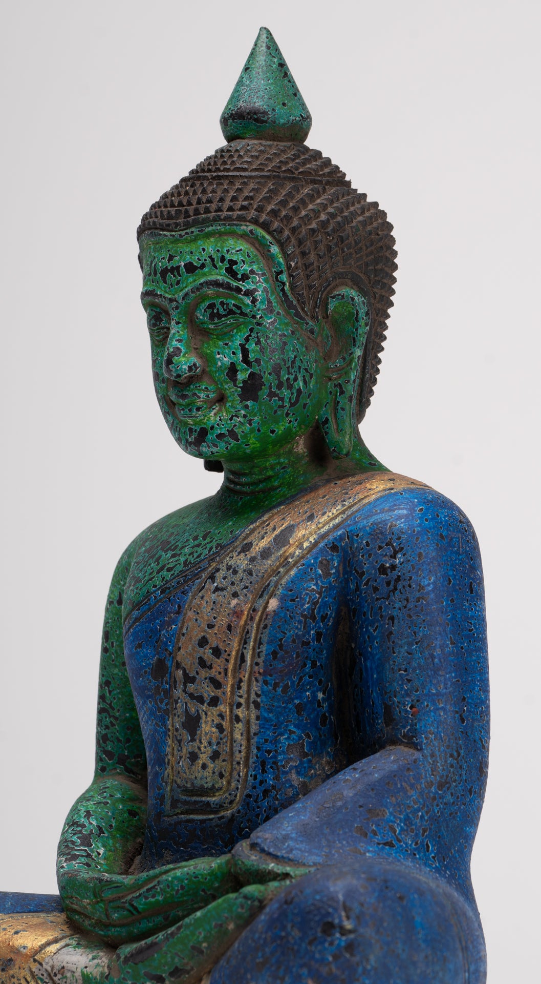 Buddha Sculpture - Antique Khmer Style Wood Seated Buddha Statue Dhyana Meditation Mudra - 28cm/11"