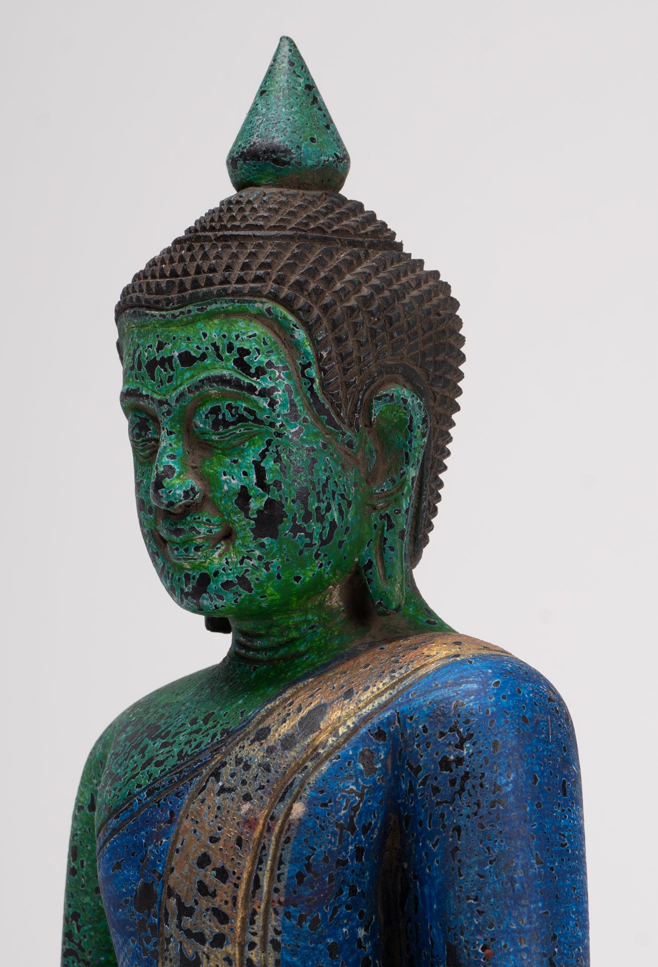 Buddha Sculpture - Antique Khmer Style Wood Seated Buddha Statue Dhyana Meditation Mudra - 28cm/11"