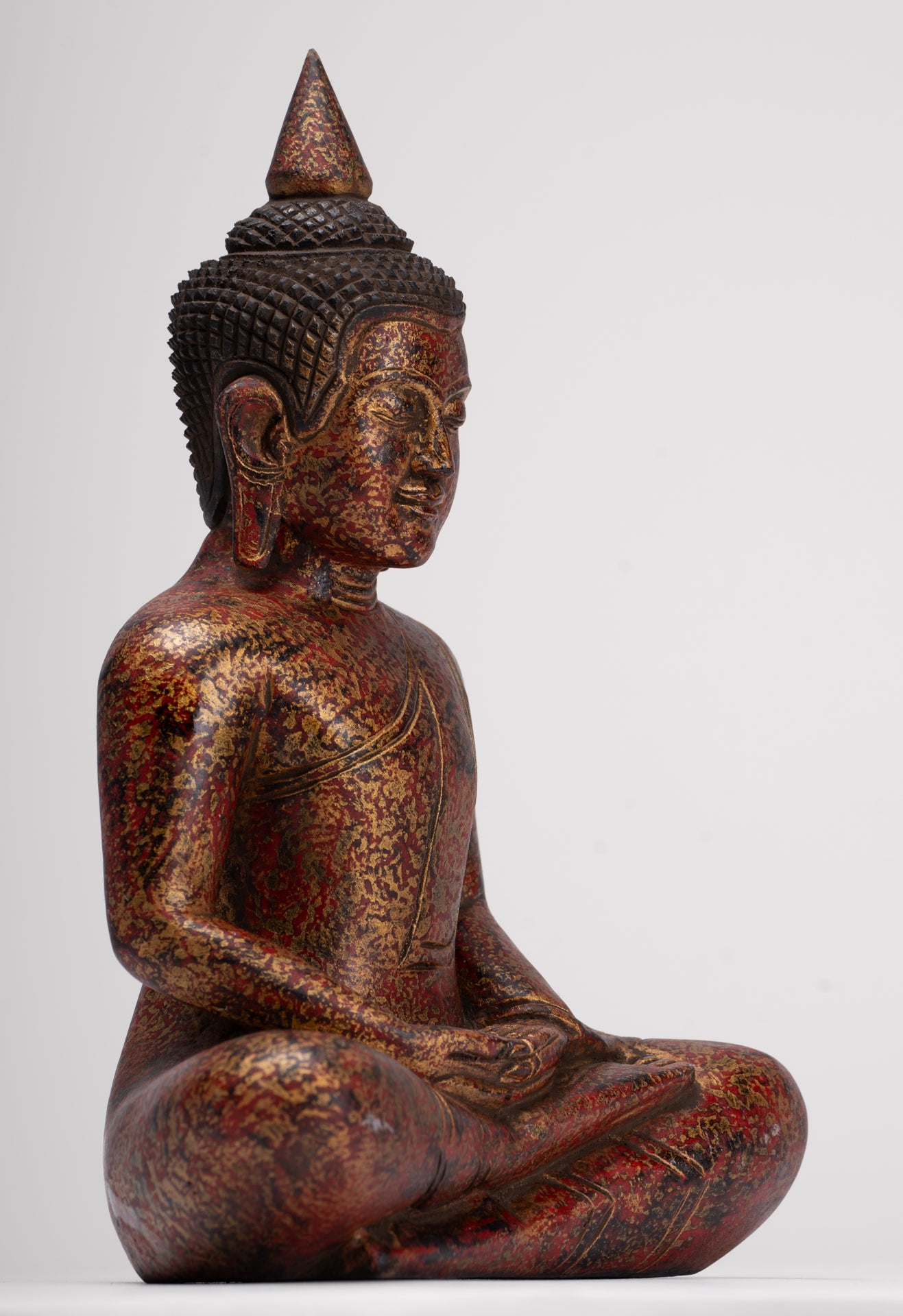 Buddha Sculpture - Antique Khmer Style Wood Seated Buddha Statue Dhyana Meditation Mudra - 28cm/11"