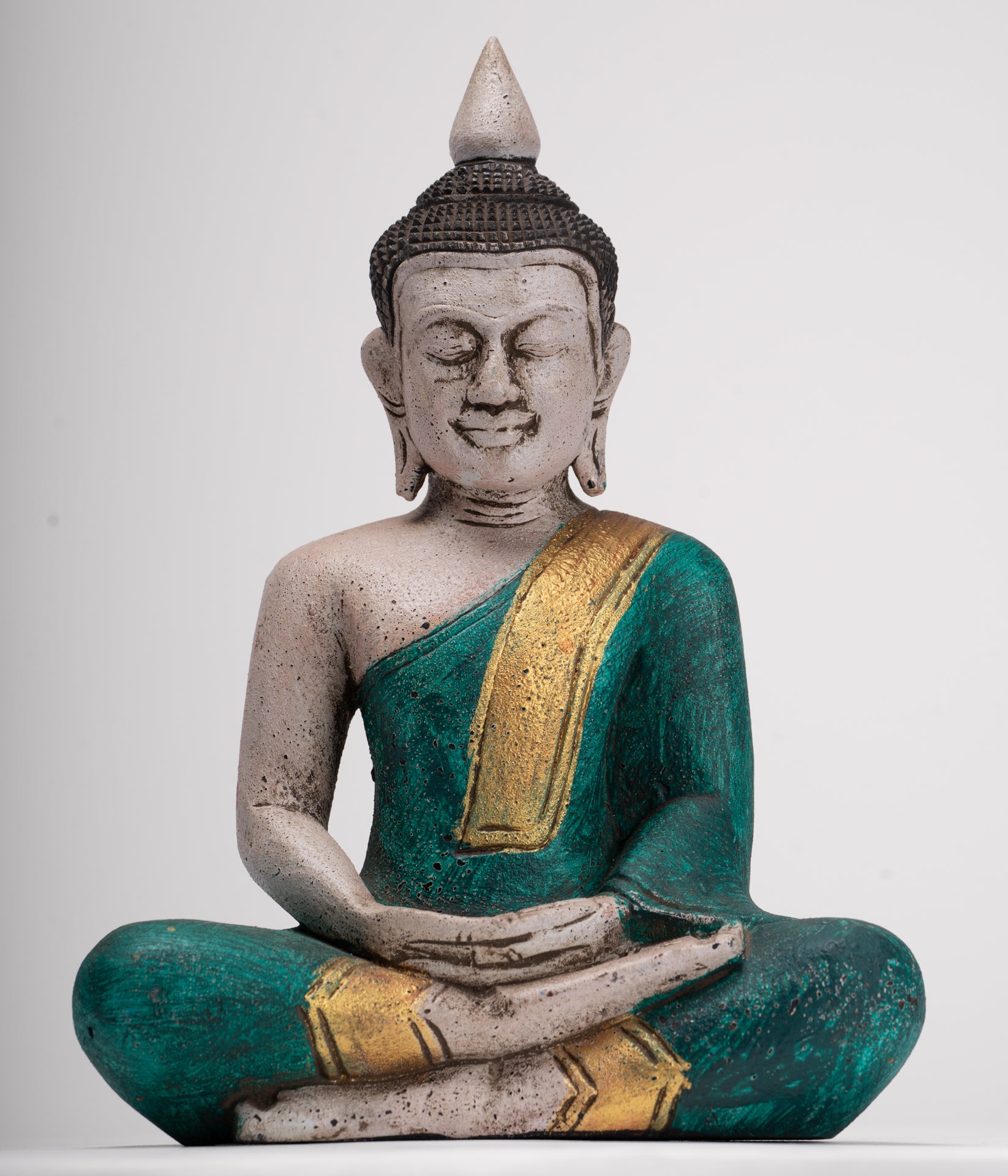 Buddha Sculpture - Antique Khmer Style Wood Seated Buddha Statue Dhyana Meditation Mudra - 28cm/11"