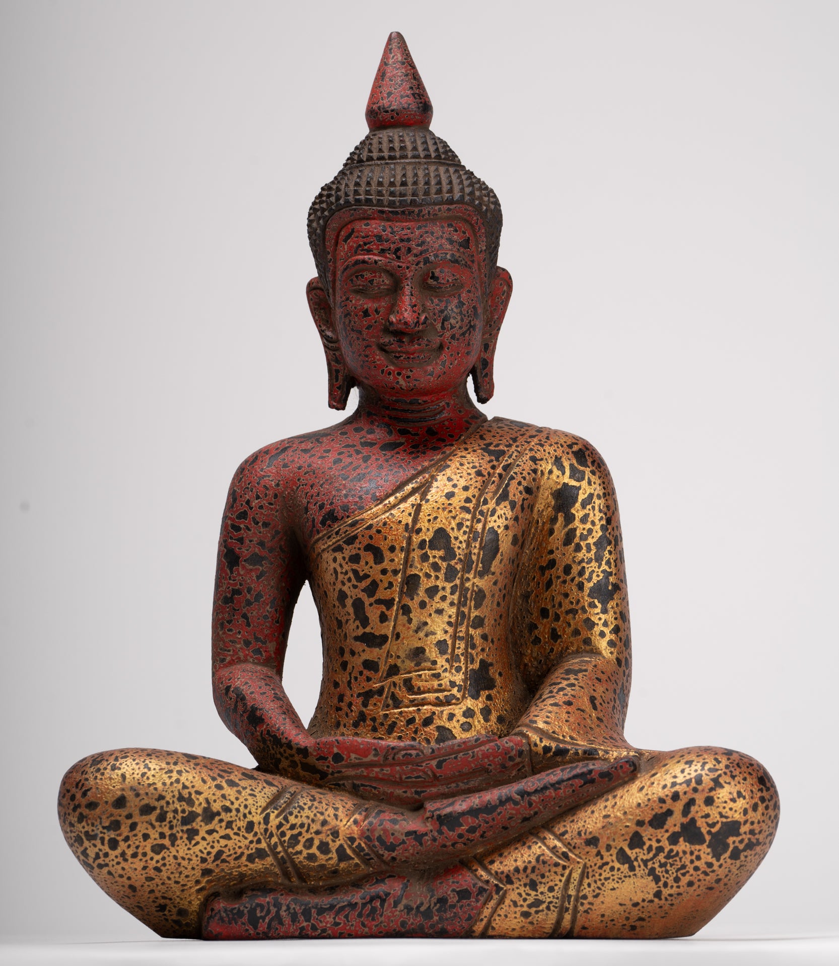 Buddha Sculpture - Antique Khmer Style Wood Seated Buddha Statue Dhyana Meditation Mudra - 33cm/13"