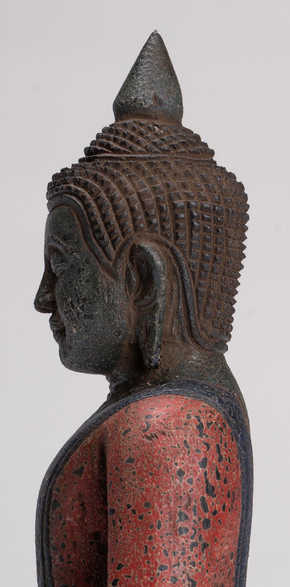 Buddha Sculpture - Antique Khmer Style Wood Seated Buddha Statue Dhyana Meditation Mudra - 27cm/11"