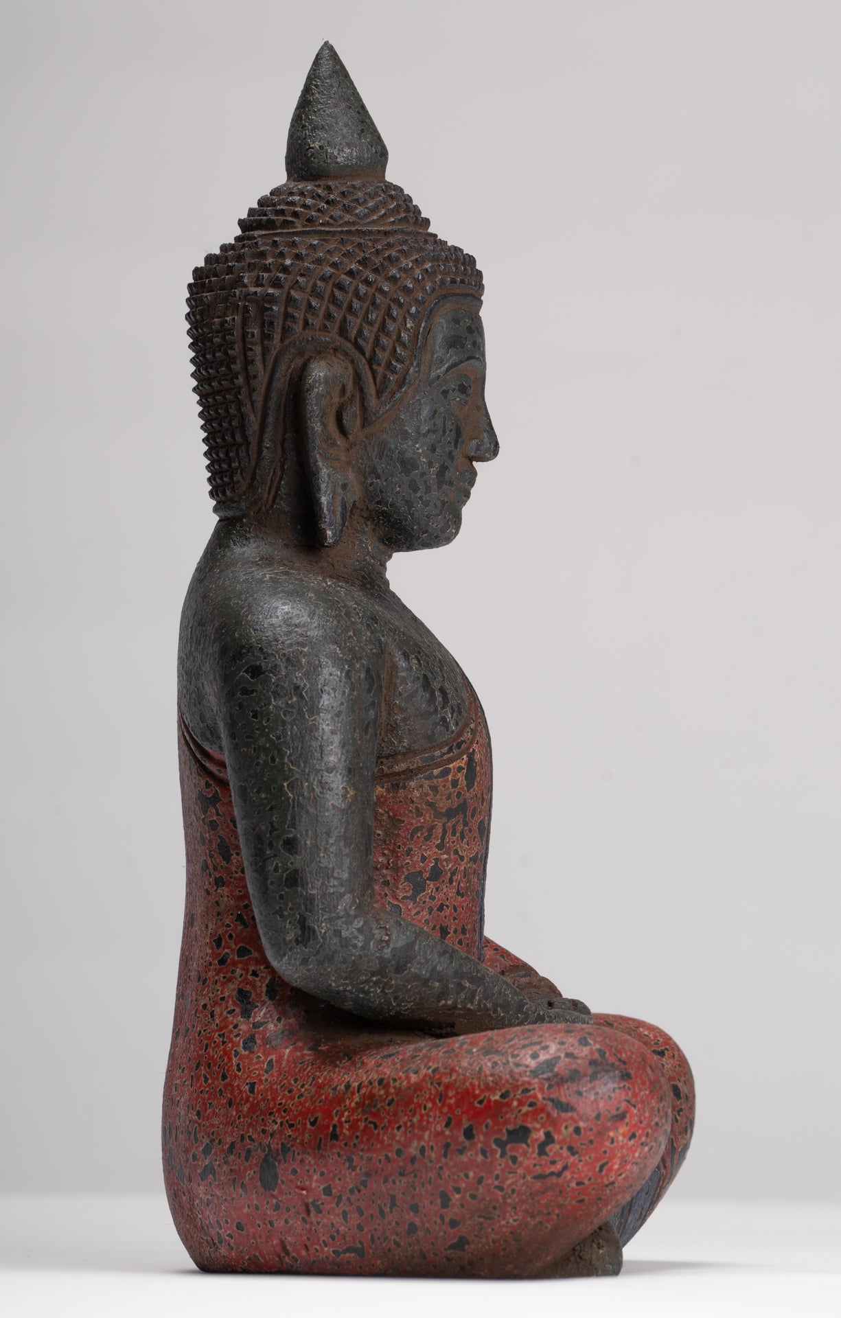 Buddha Sculpture - Antique Khmer Style Wood Seated Buddha Statue Dhyana Meditation Mudra - 27cm/11"