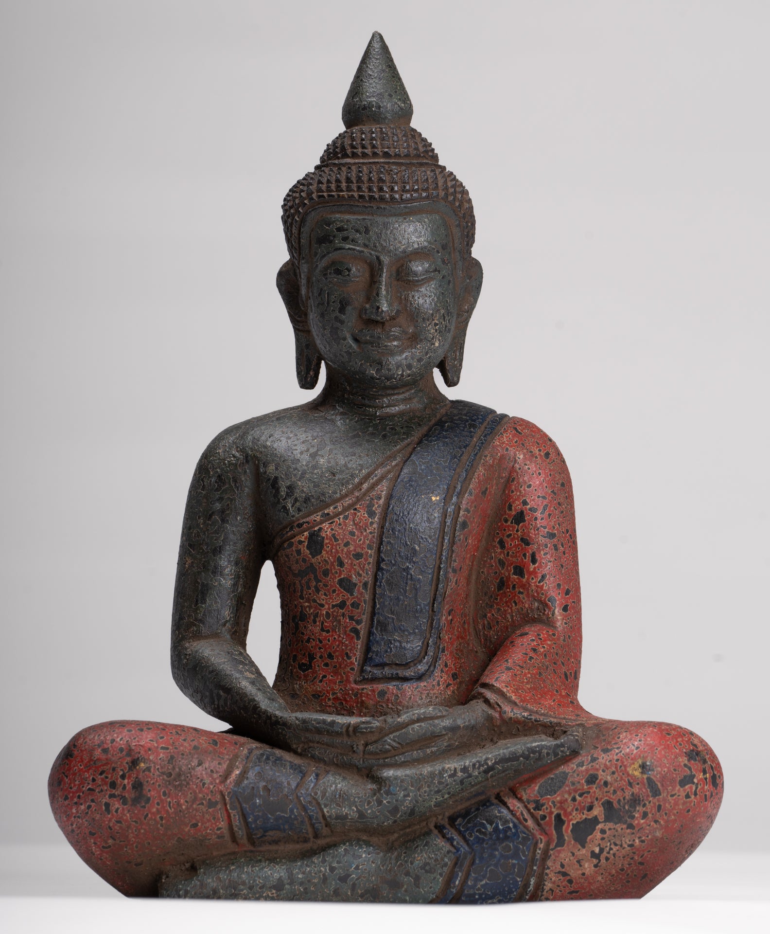 Buddha Sculpture - Antique Khmer Style Wood Seated Buddha Statue Dhyana Meditation Mudra - 27cm/11"