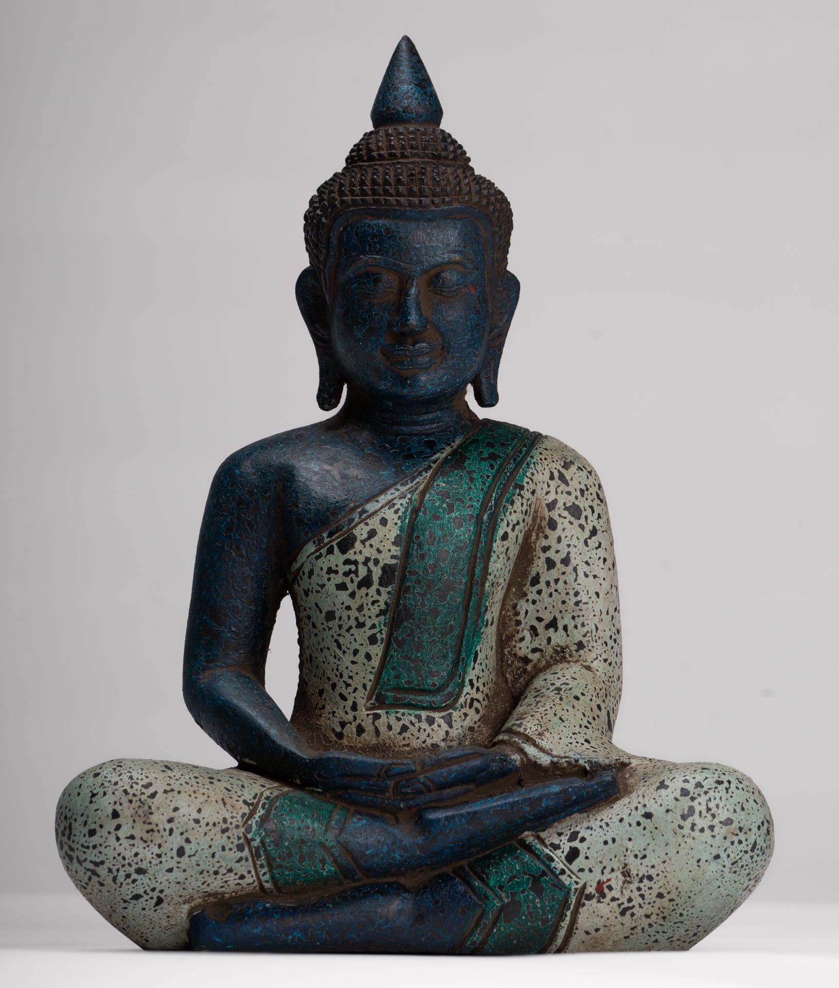 Buddha Sculpture - Antique Khmer Style Wood Seated Buddha Statue Dhyana Meditation Mudra - 27cm/11"