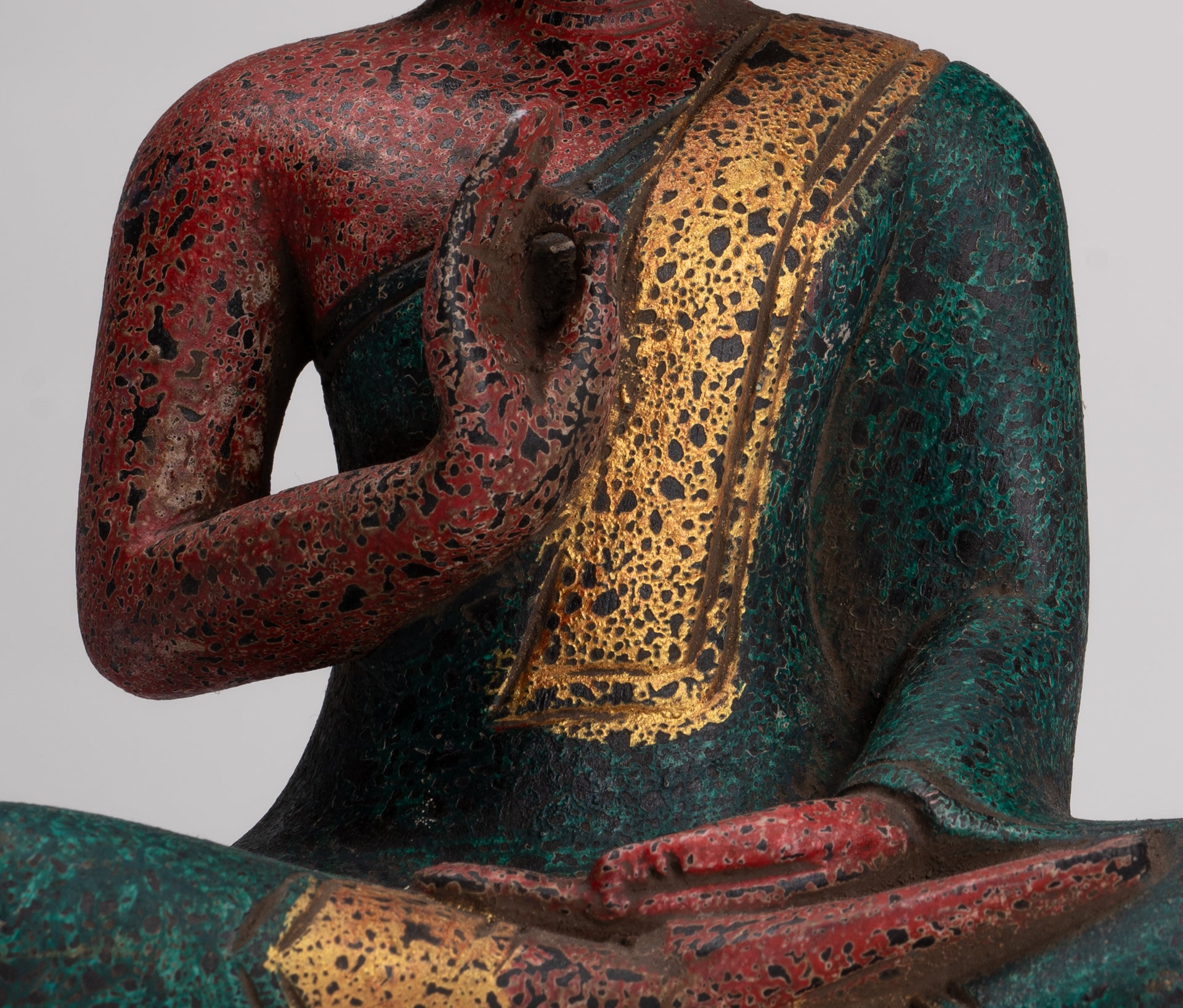 Buddha Statue - Antique Khmer Style Cambodia Seated Wood Buddha Statue Teaching Mudra - 26cm/10"