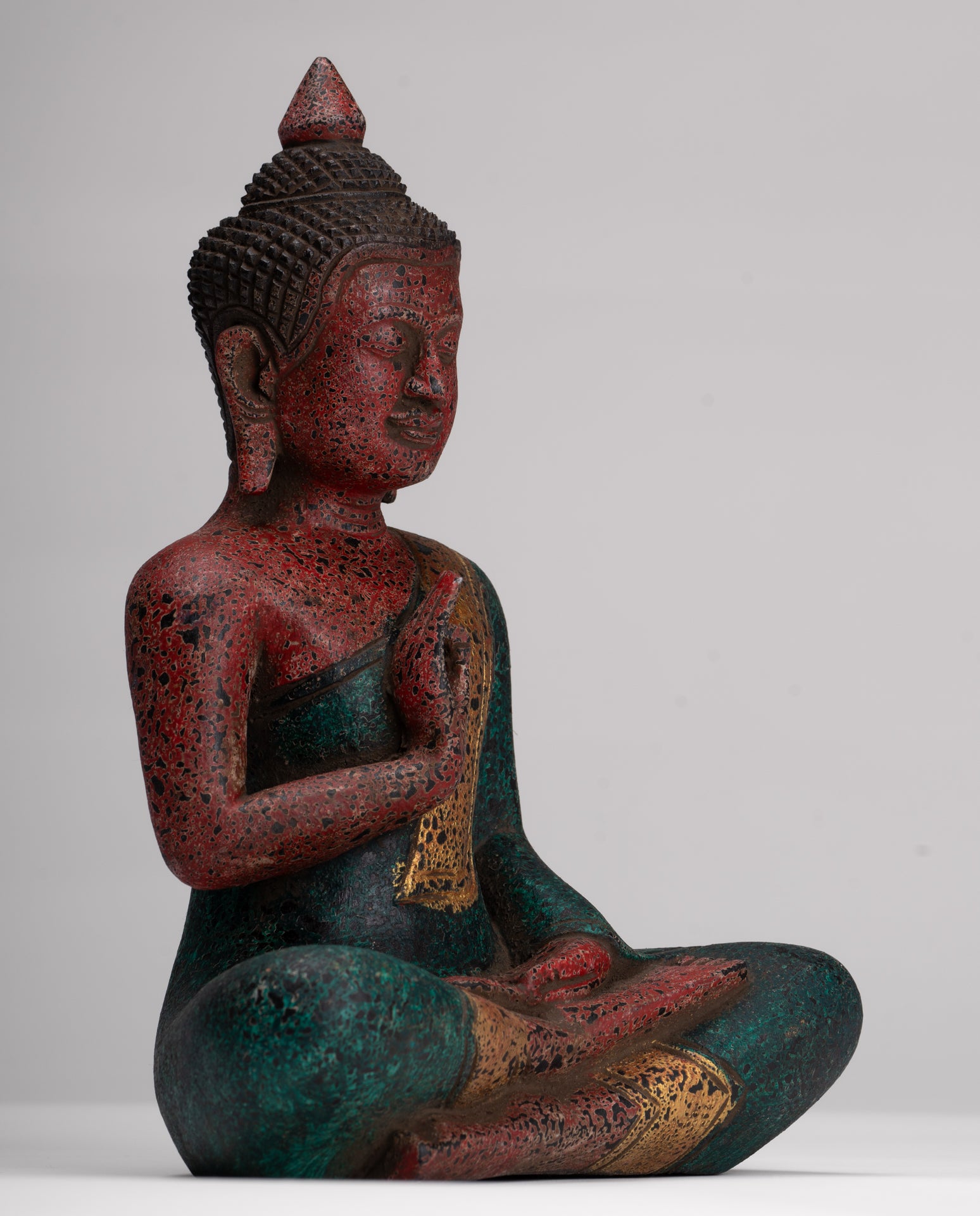 Buddha Statue - Antique Khmer Style Cambodia Seated Wood Buddha Statue Teaching Mudra - 26cm/10"