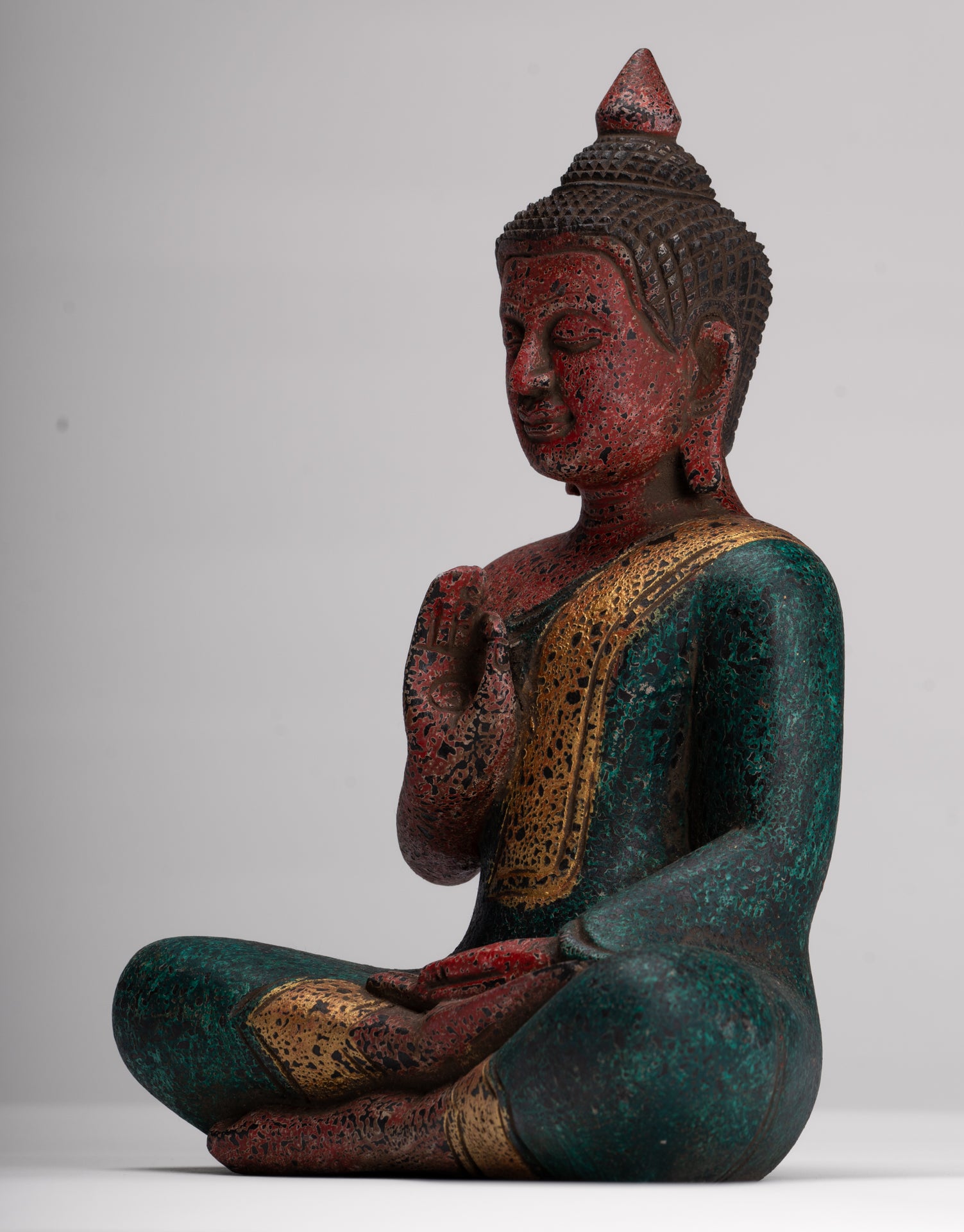 Buddha Statue - Antique Khmer Style Cambodia Seated Wood Buddha Statue Teaching Mudra - 26cm/10"