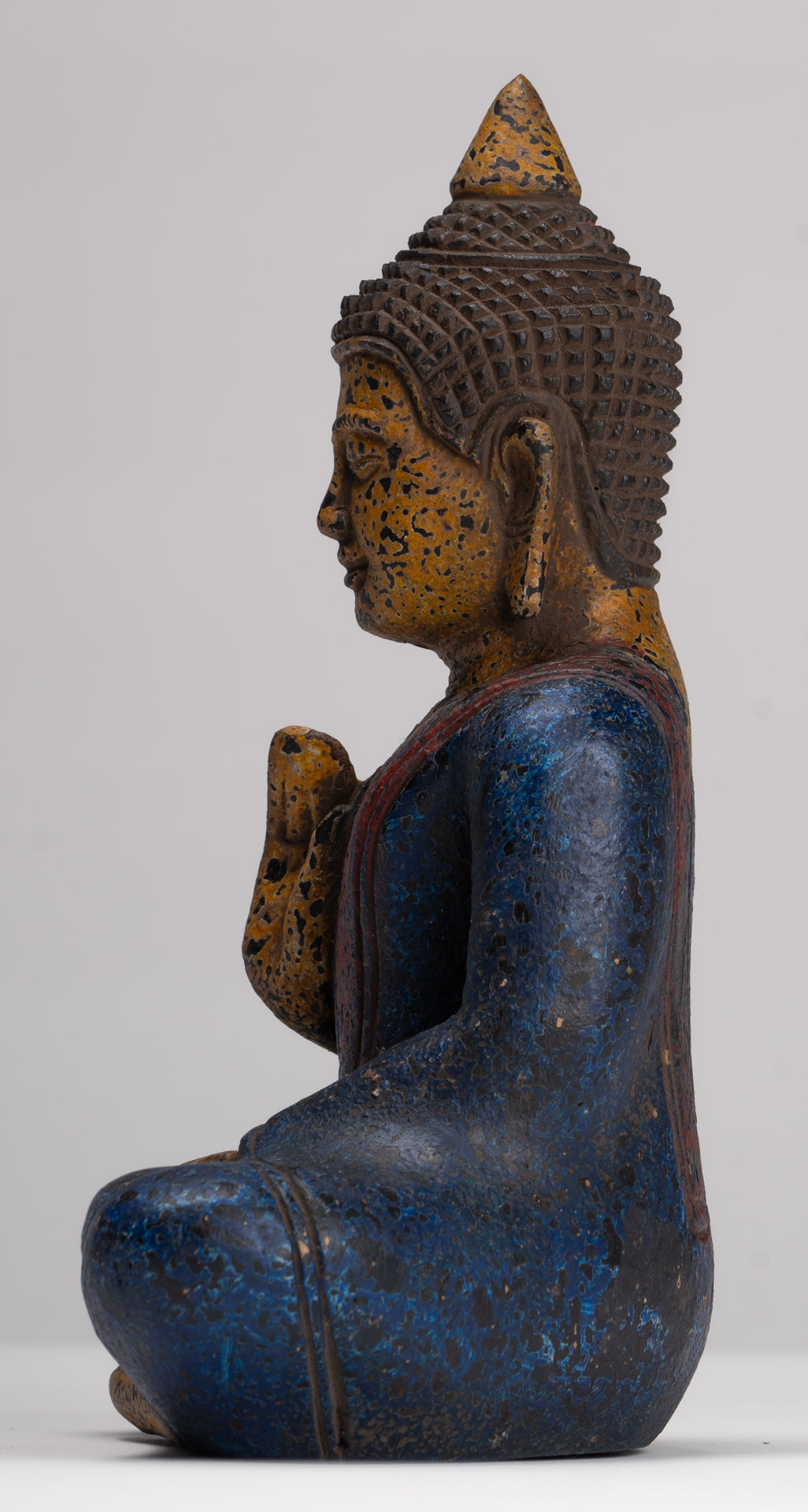 Buddha Statue - Antique Khmer Style Cambodia Seated Wood Buddha Statue Teaching Mudra - 21cm/8"