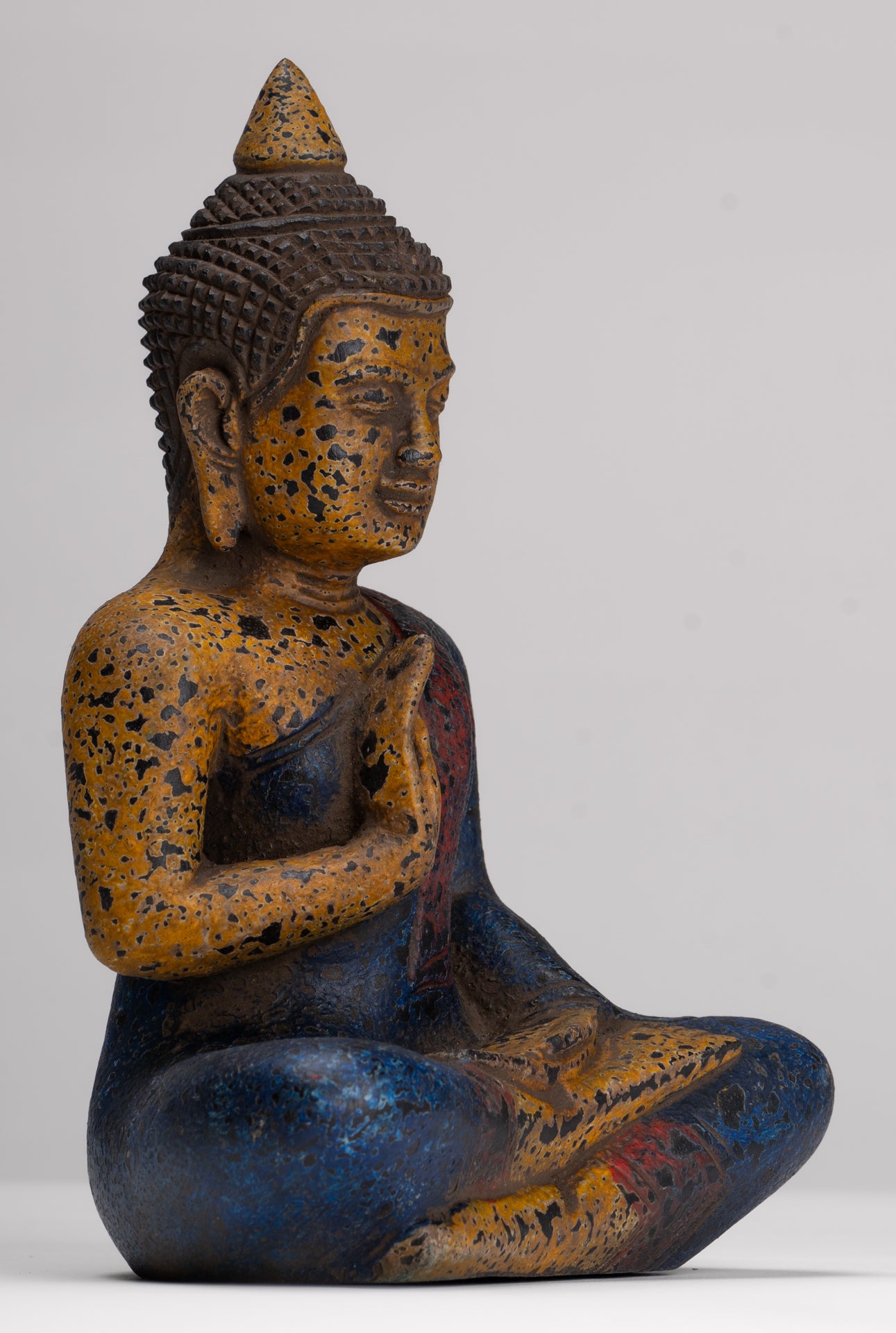Buddha Statue - Antique Khmer Style Cambodia Seated Wood Buddha Statue Teaching Mudra - 21cm/8"