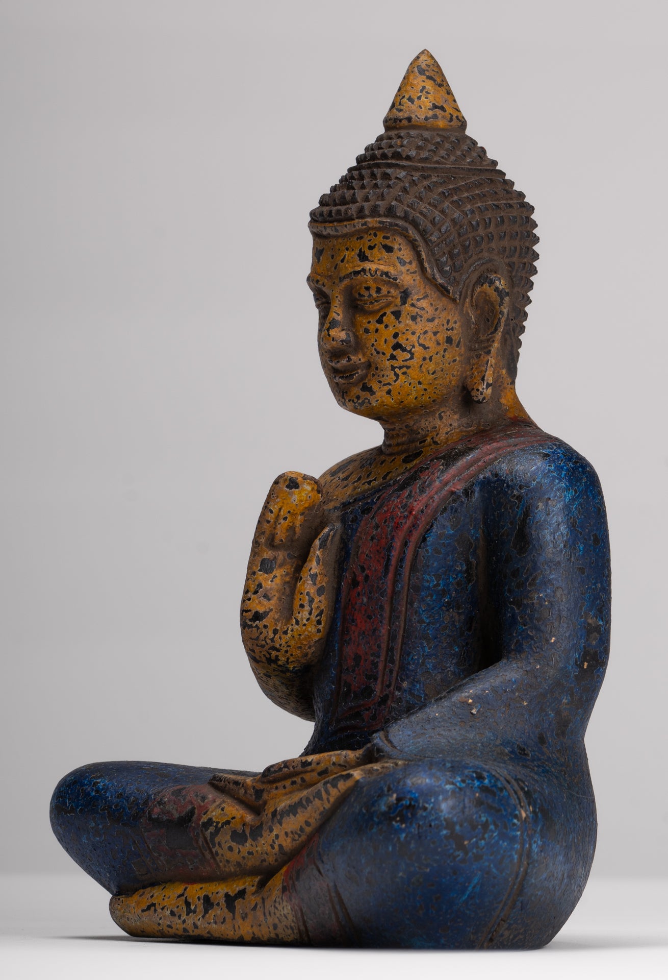 Buddha Statue - Antique Khmer Style Cambodia Seated Wood Buddha Statue Teaching Mudra - 21cm/8"