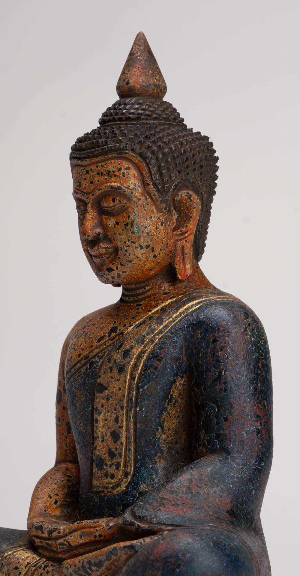 Buddha Sculpture - Antique Khmer Style Wood Seated Buddha Statue Dhyana Meditation Mudra - 28cm/11"