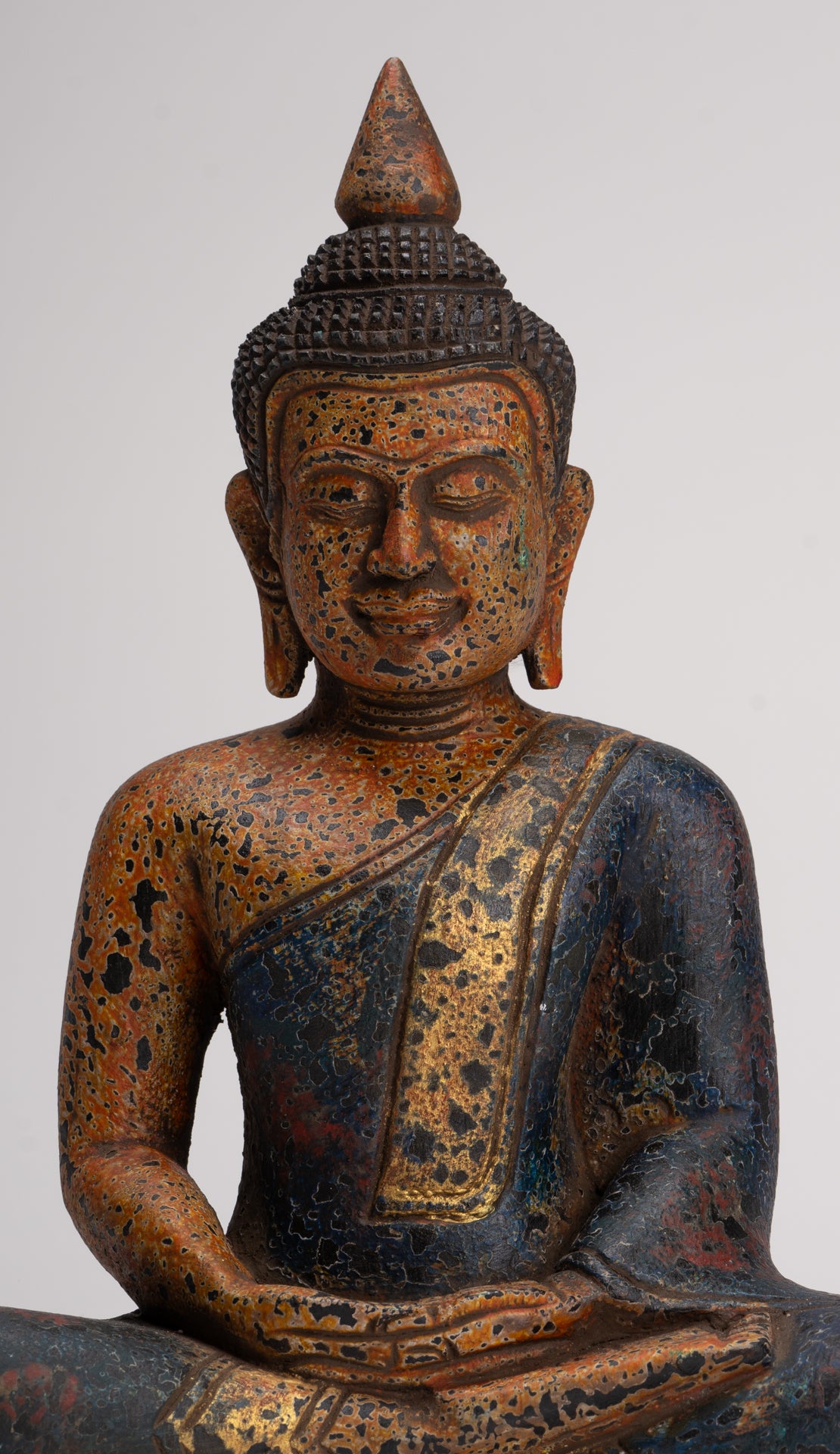 Buddha Sculpture - Antique Khmer Style Wood Seated Buddha Statue Dhyana Meditation Mudra - 28cm/11"