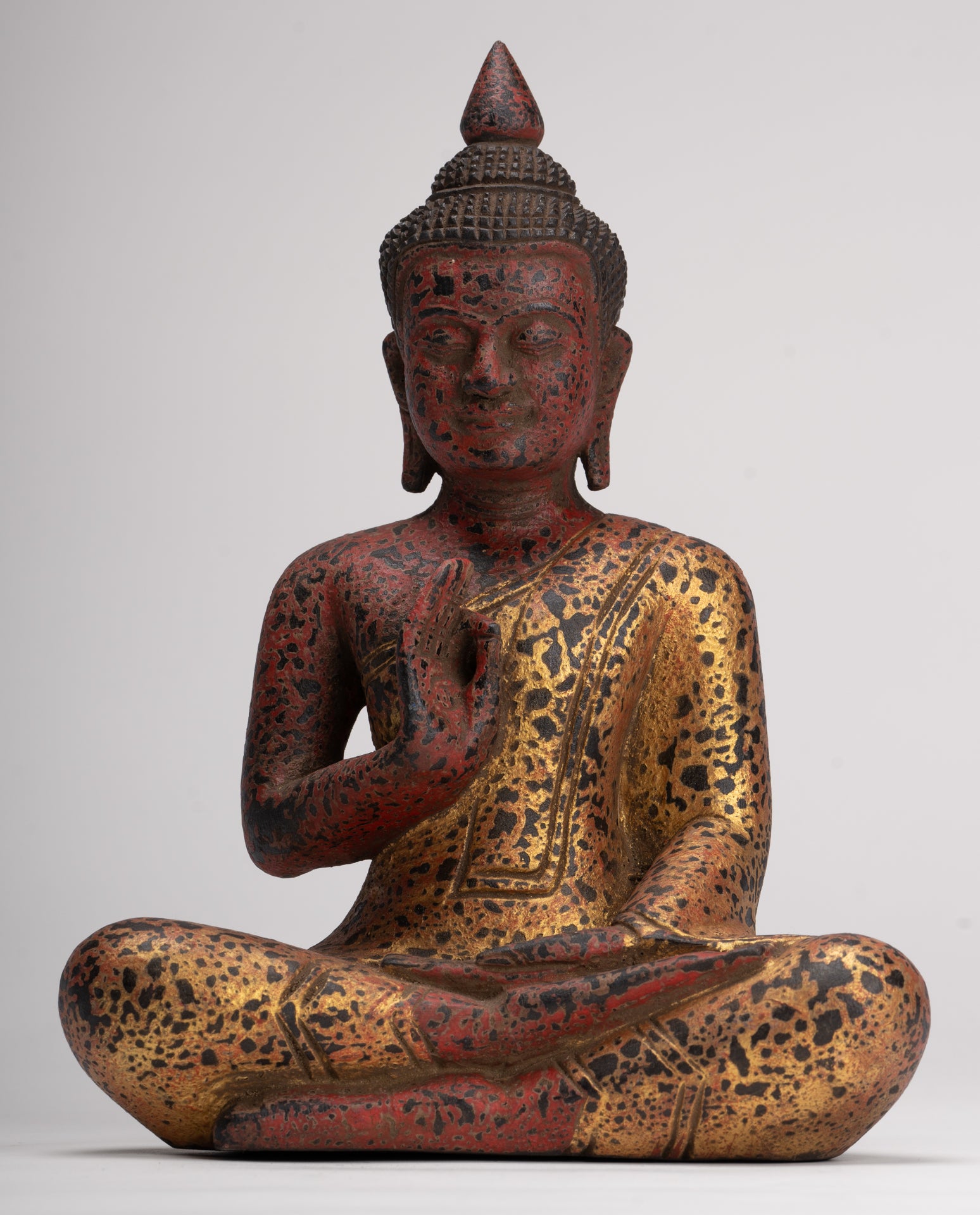 Buddha Statue - Antique Khmer Style Cambodia Seated Wood Buddha Statue Teaching Mudra - 26cm/10"