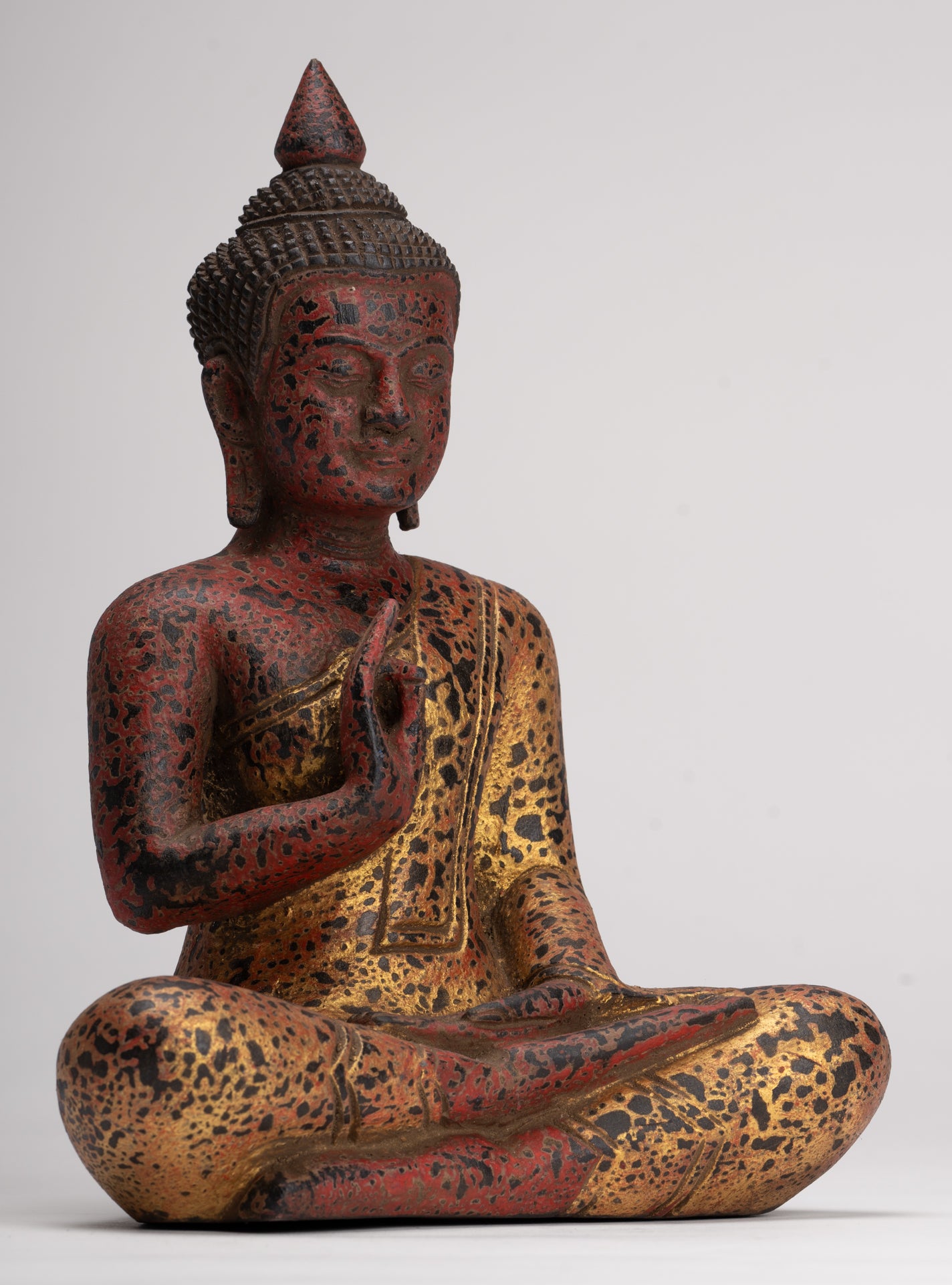 Buddha Statue - Antique Khmer Style Cambodia Seated Wood Buddha Statue Teaching Mudra - 26cm/10"