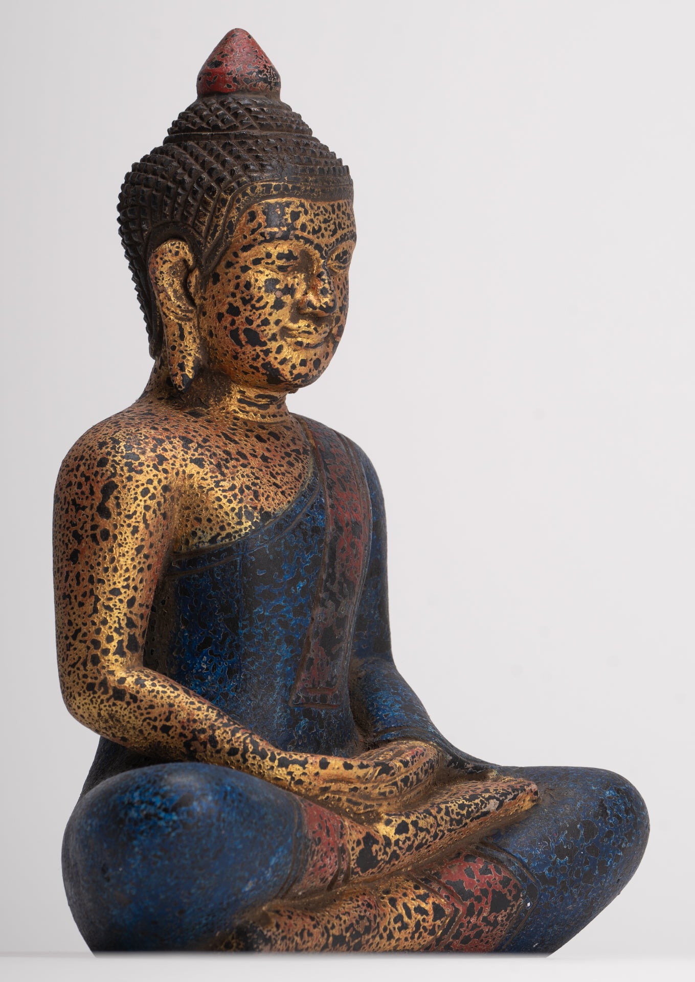 Buddha Sculpture - Antique Khmer Style Wood Seated Buddha Statue Dhyana Meditation Mudra - 26cm/11"