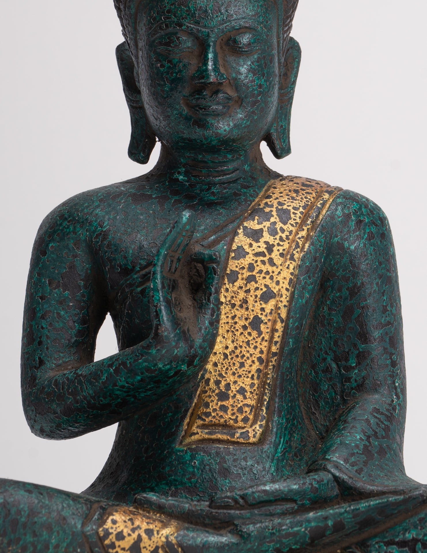 Buddha Statue - Antique Khmer Style Cambodia Seated Wood Buddha Statue Teaching Mudra - 26cm/10"