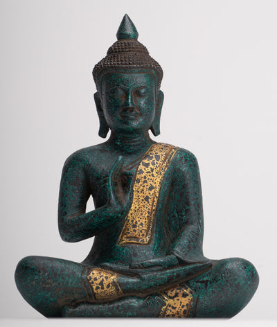 Buddha Statue - Antique Khmer Style Cambodia Seated Wood Buddha Statue Teaching Mudra - 26cm/10"