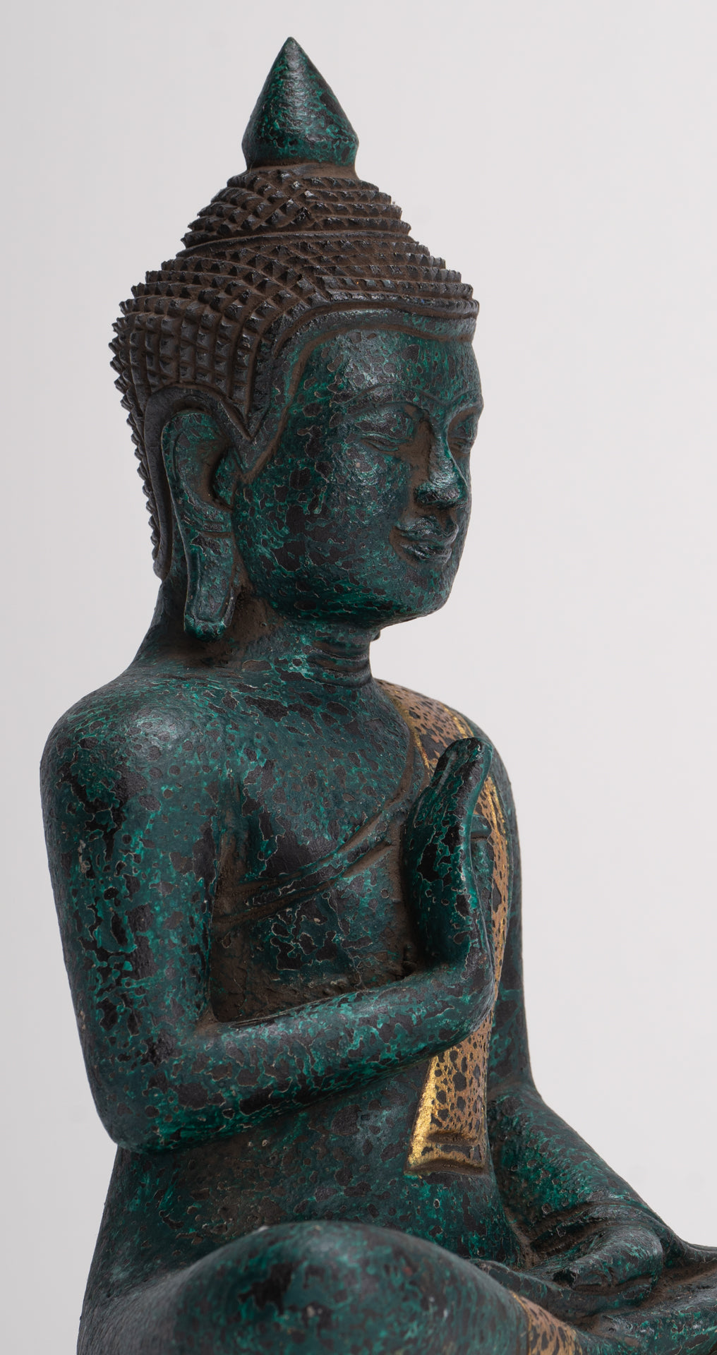 Buddha Statue - Antique Khmer Style Cambodia Seated Wood Buddha Statue Teaching Mudra - 26cm/10"