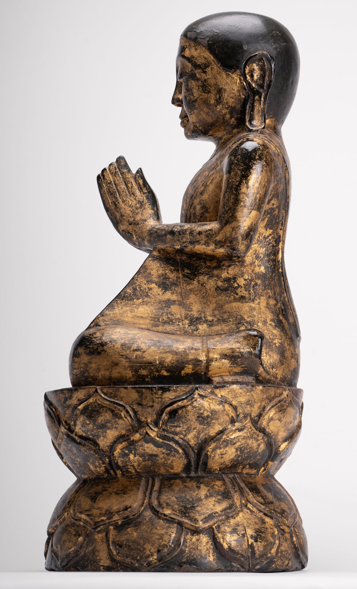 Antique Disciple Statue - Antique Burmese Style Wood Kneeling Buddha Disciple Statue - 44cm/18"