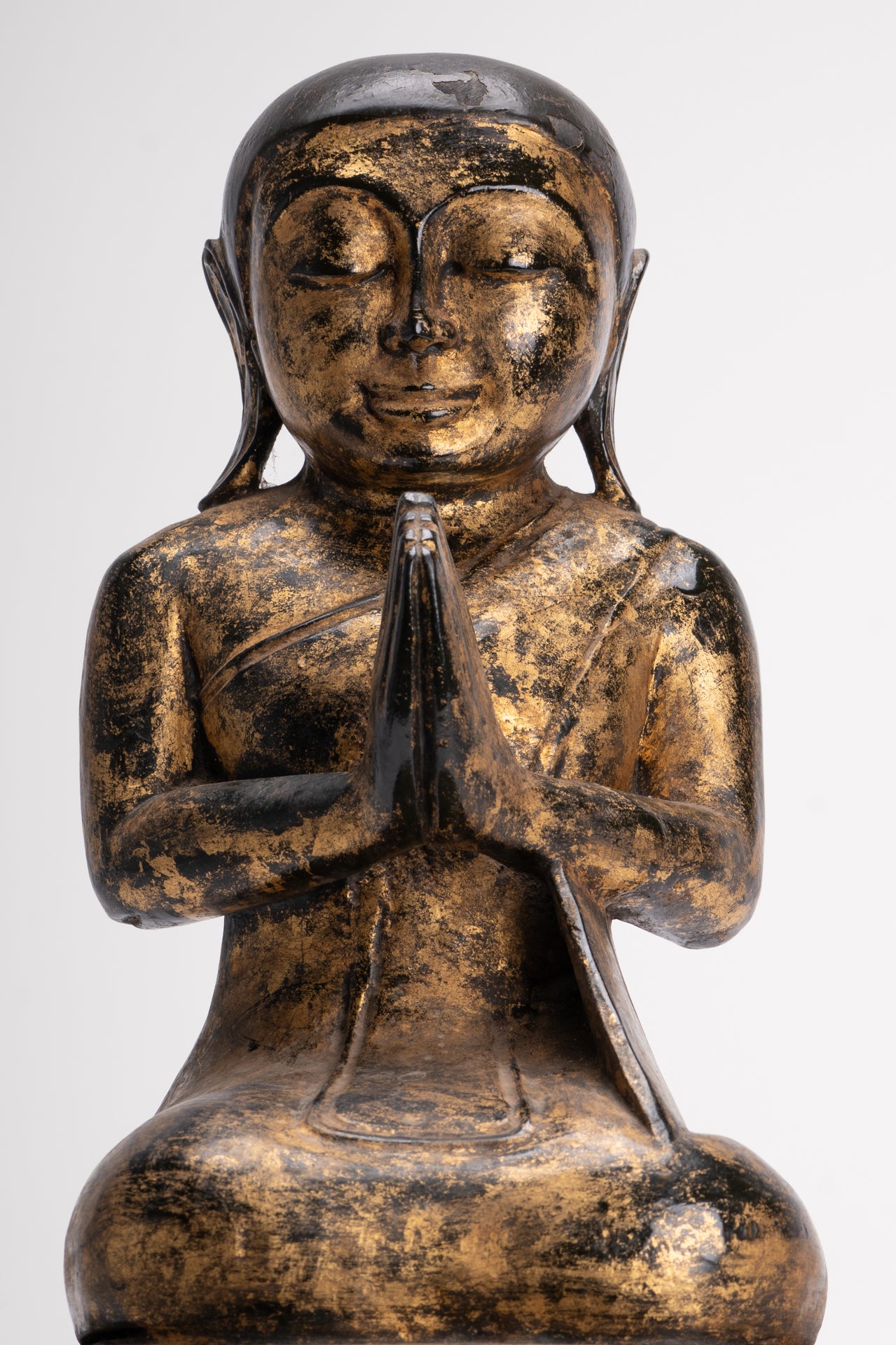 Antique Disciple Statue - Antique Burmese Style Wood Kneeling Buddha Disciple Statue - 44cm/18"