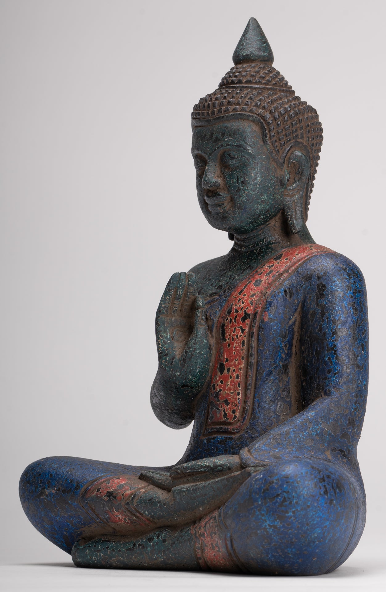 Buddha Statue - Antique Khmer Style Cambodia Seated Wood Buddha Statue Teaching Mudra - 27cm/11"