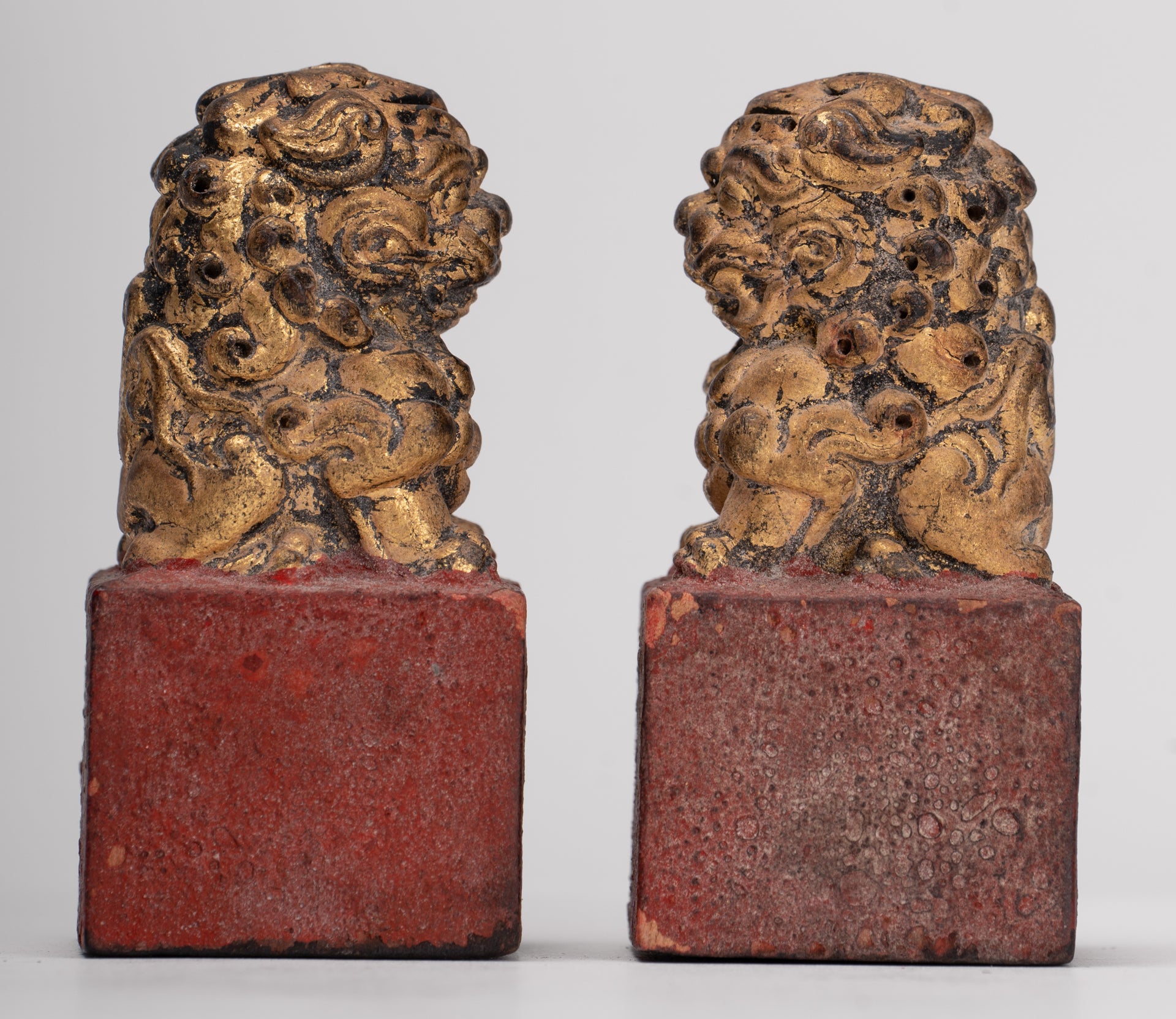 Antique Chinese Style Wood Temple Guardian Lions Shishi Lions Foo Dogs Imperial Lions (Pair) - 8cm/3"