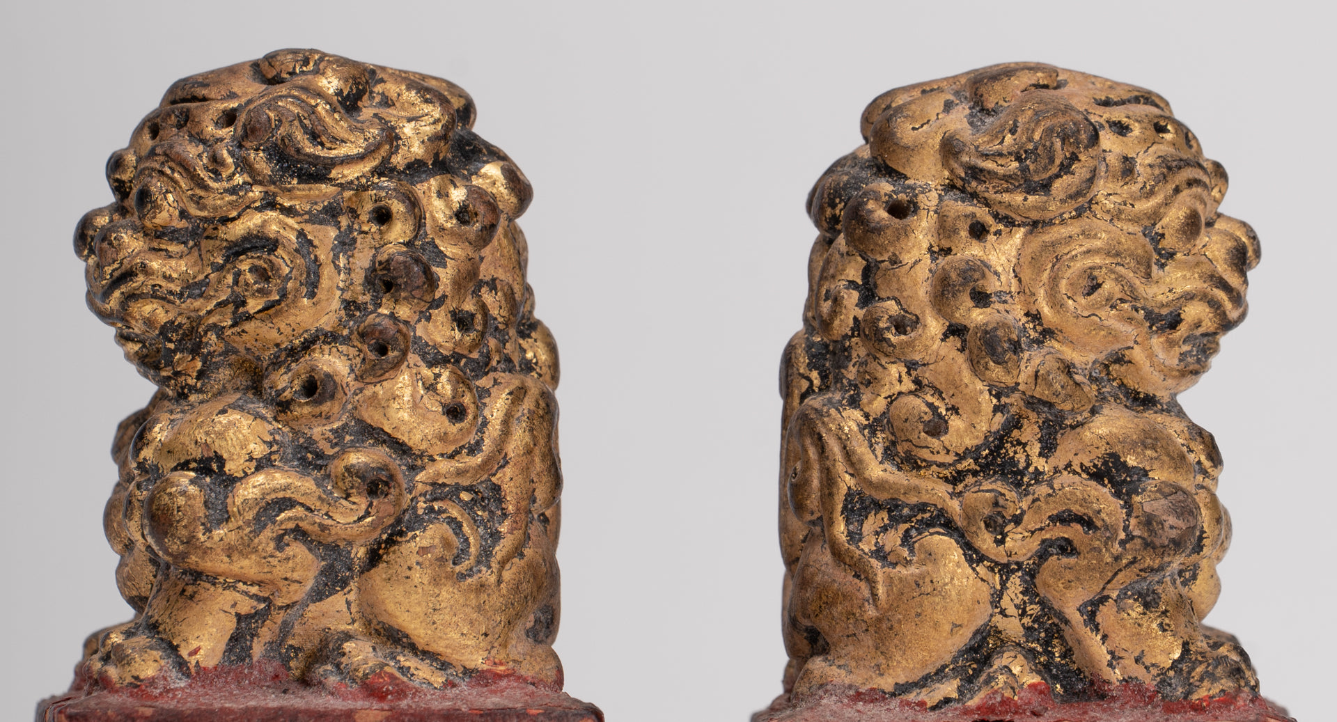 Antique Chinese Style Wood Temple Guardian Lions Shishi Lions Foo Dogs Imperial Lions (Pair) - 8cm/3"