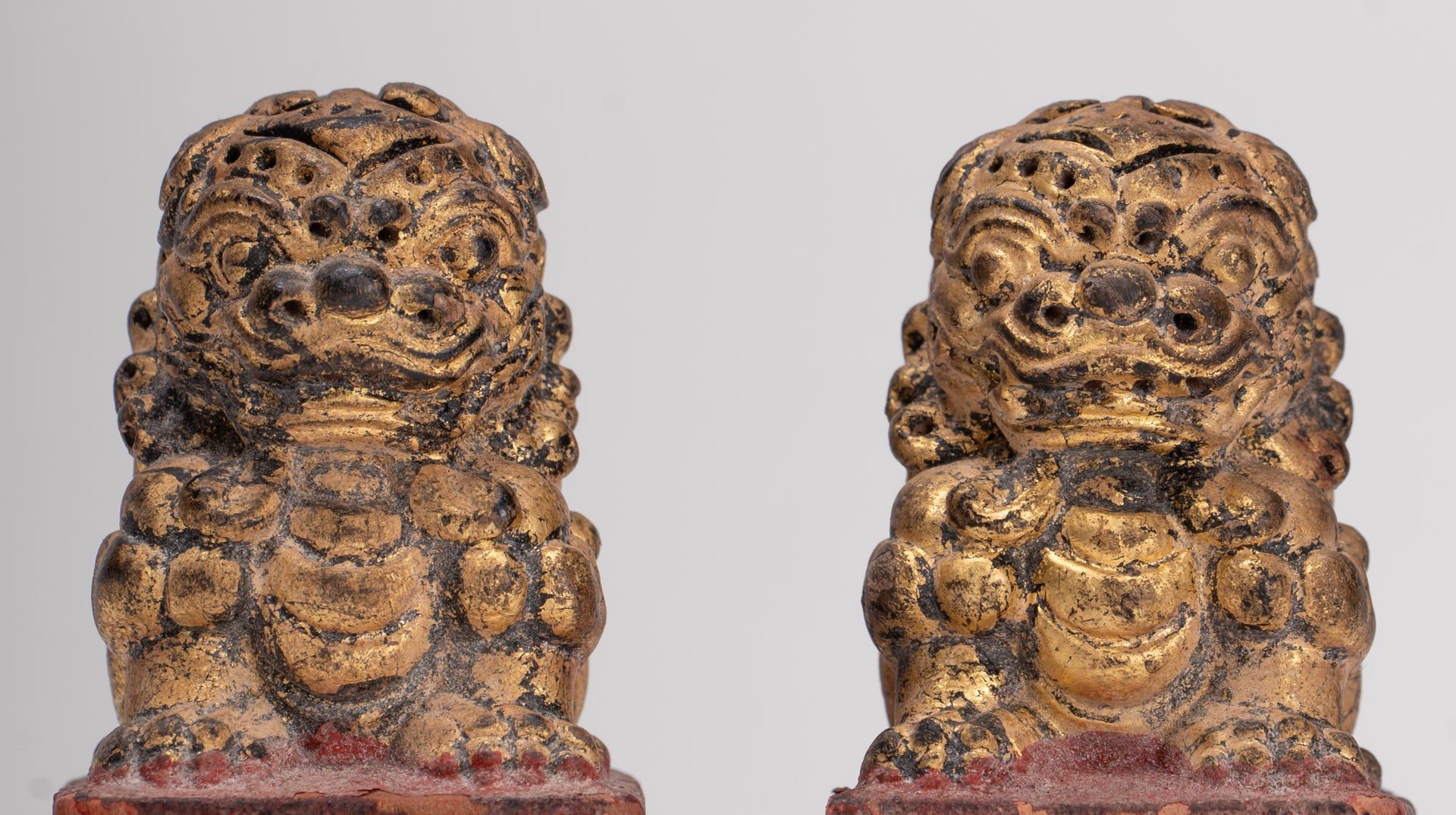 Antique Chinese Style Wood Temple Guardian Lions Shishi Lions Foo Dogs Imperial Lions (Pair) - 8cm/3"