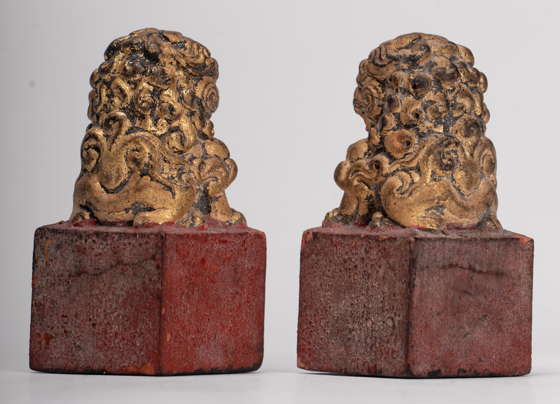Antique Chinese Style Wood Temple Guardian Lions Shishi Lions Foo Dogs Imperial Lions (Pair) - 8cm/3"