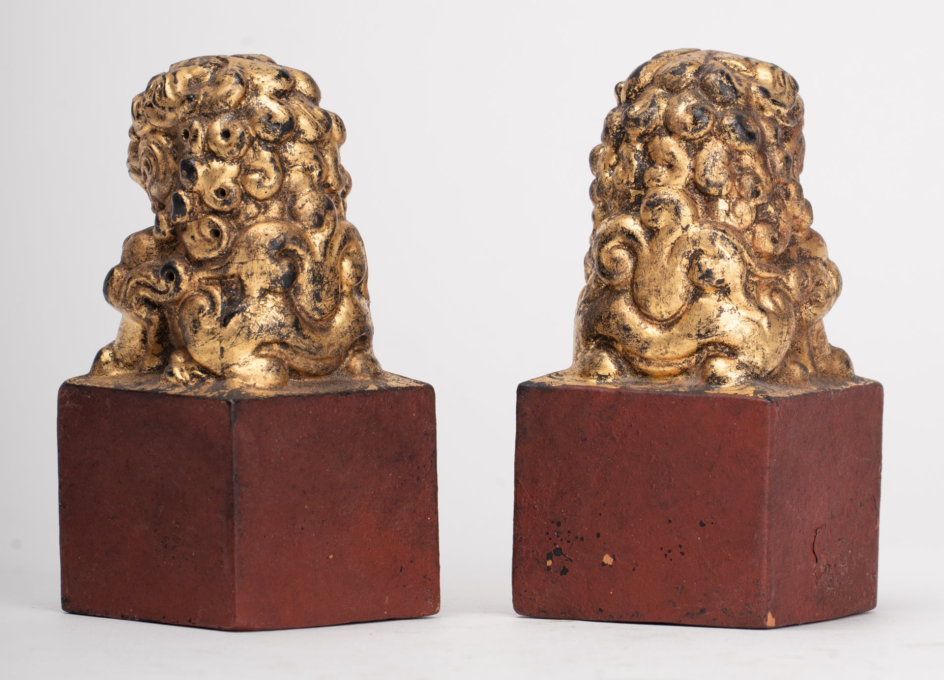 Antique Chinese Style Wood Temple Guardian Lions Shishi Lions Foo Dogs Imperial Lions (Pair) - 9.5cm/4"