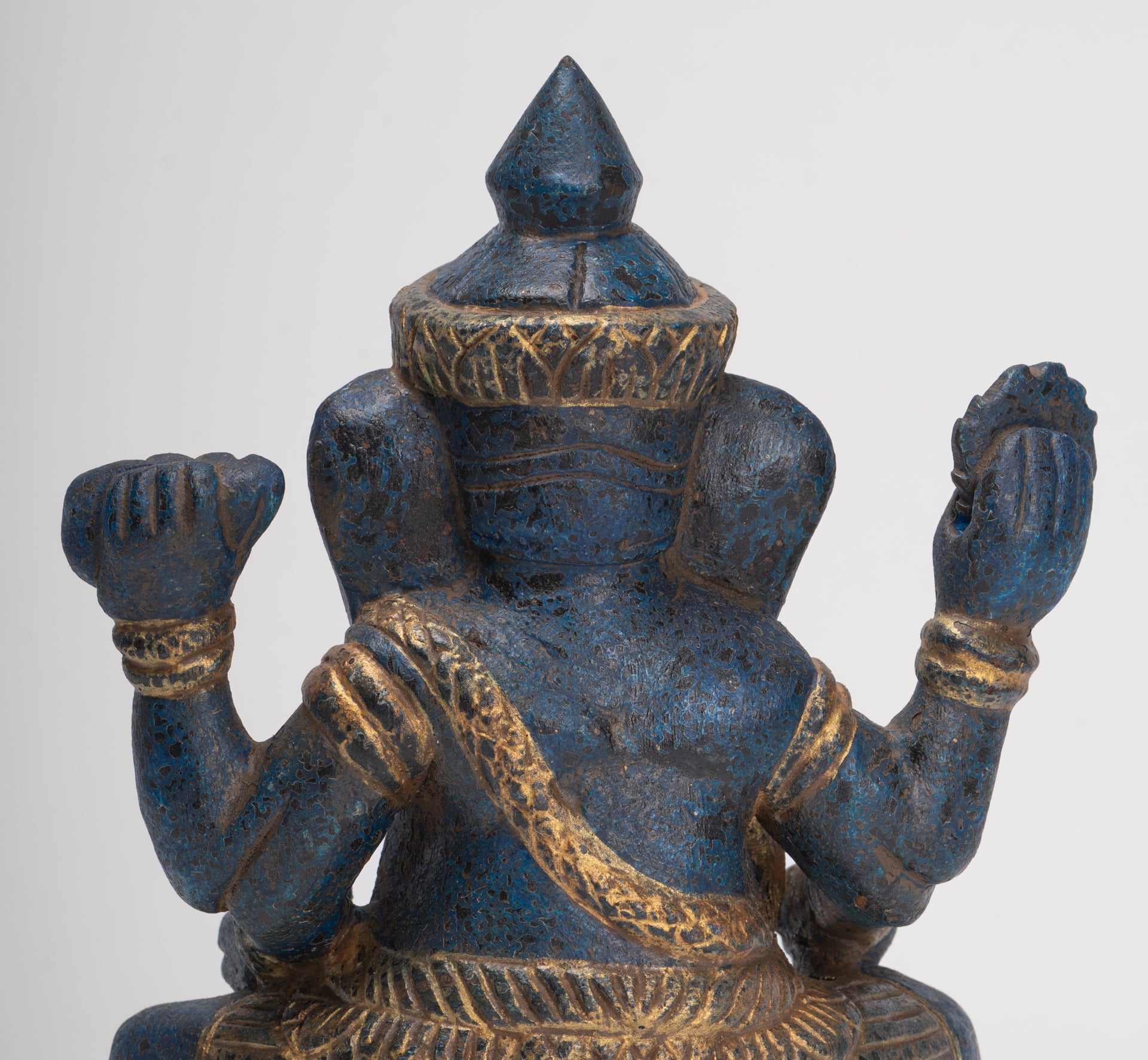 Ganesh Statue - Antique Khmer Style Seated Wood Ganesha Statue - 22cm/9"